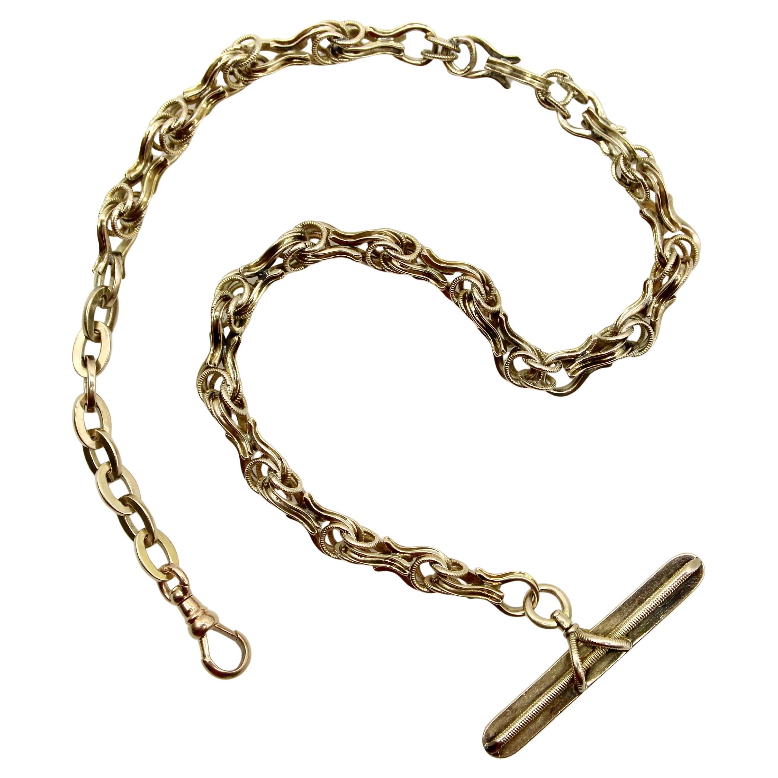 Chaîne de montre victorienne en or 14K avec barrette en T et attache pour chien