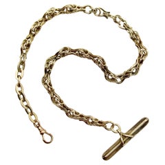 Chaîne de montre victorienne en or 14K avec barrette en T et attache pour chien