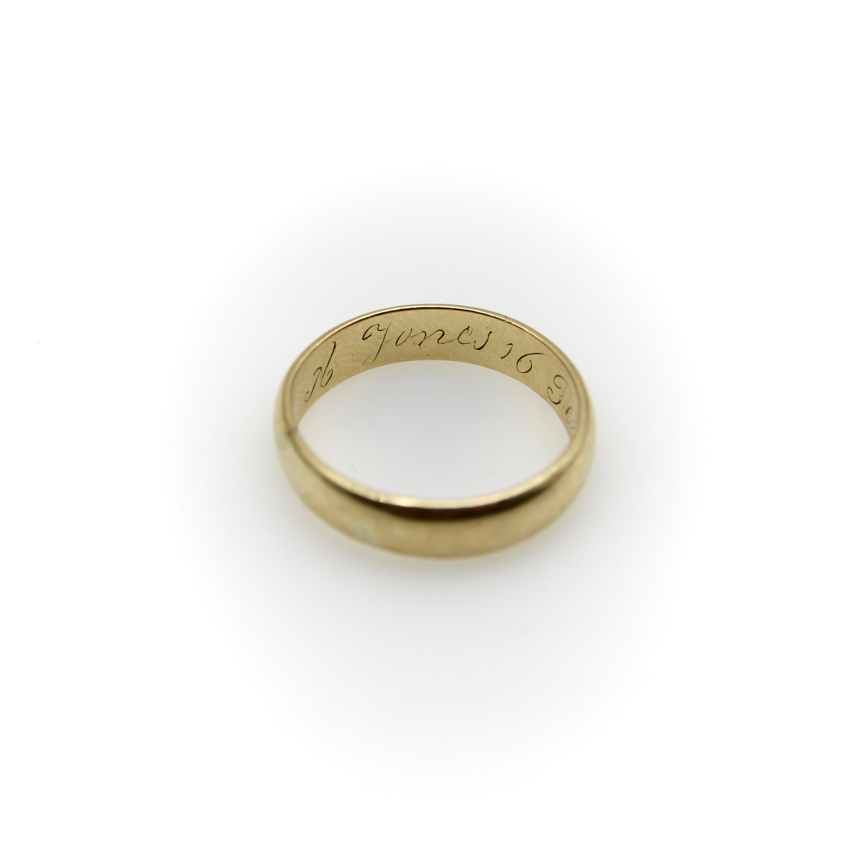 Women's or Men's Victorian 14K Gold Wedding Band with Feb. 16 1889 Inscription  For Sale