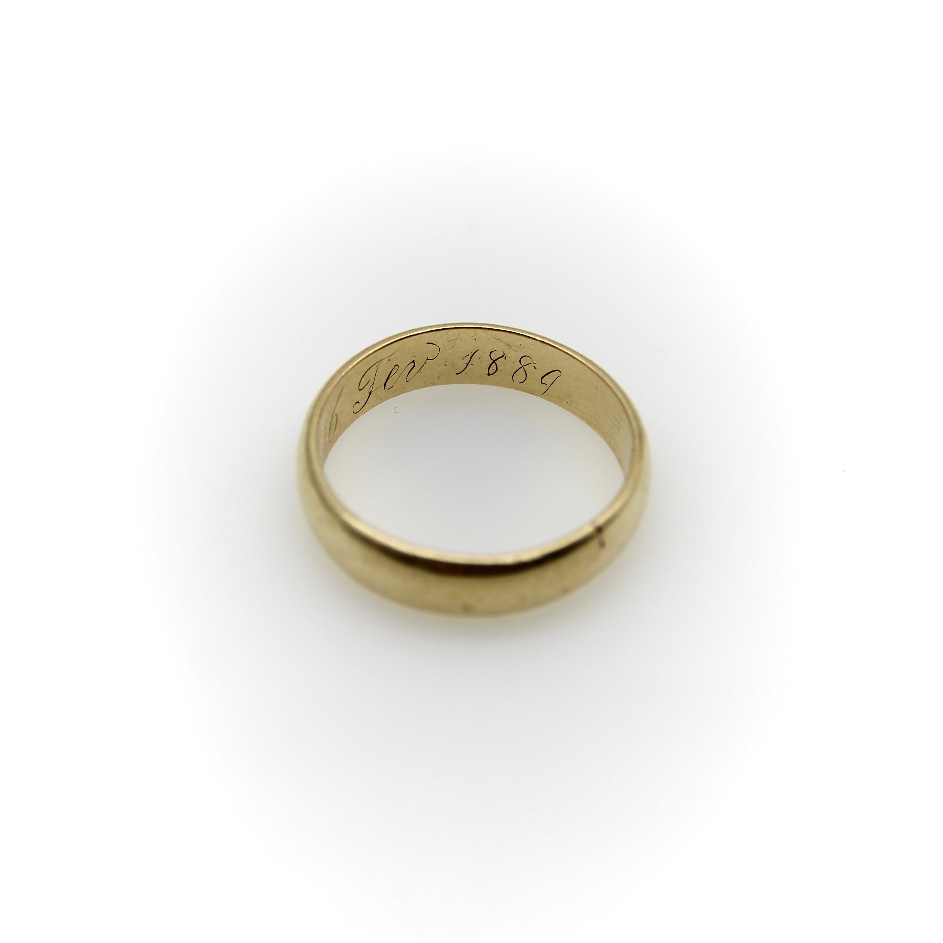 Victorian 14K Gold Wedding Band with Feb. 16 1889 Inscription  For Sale 1