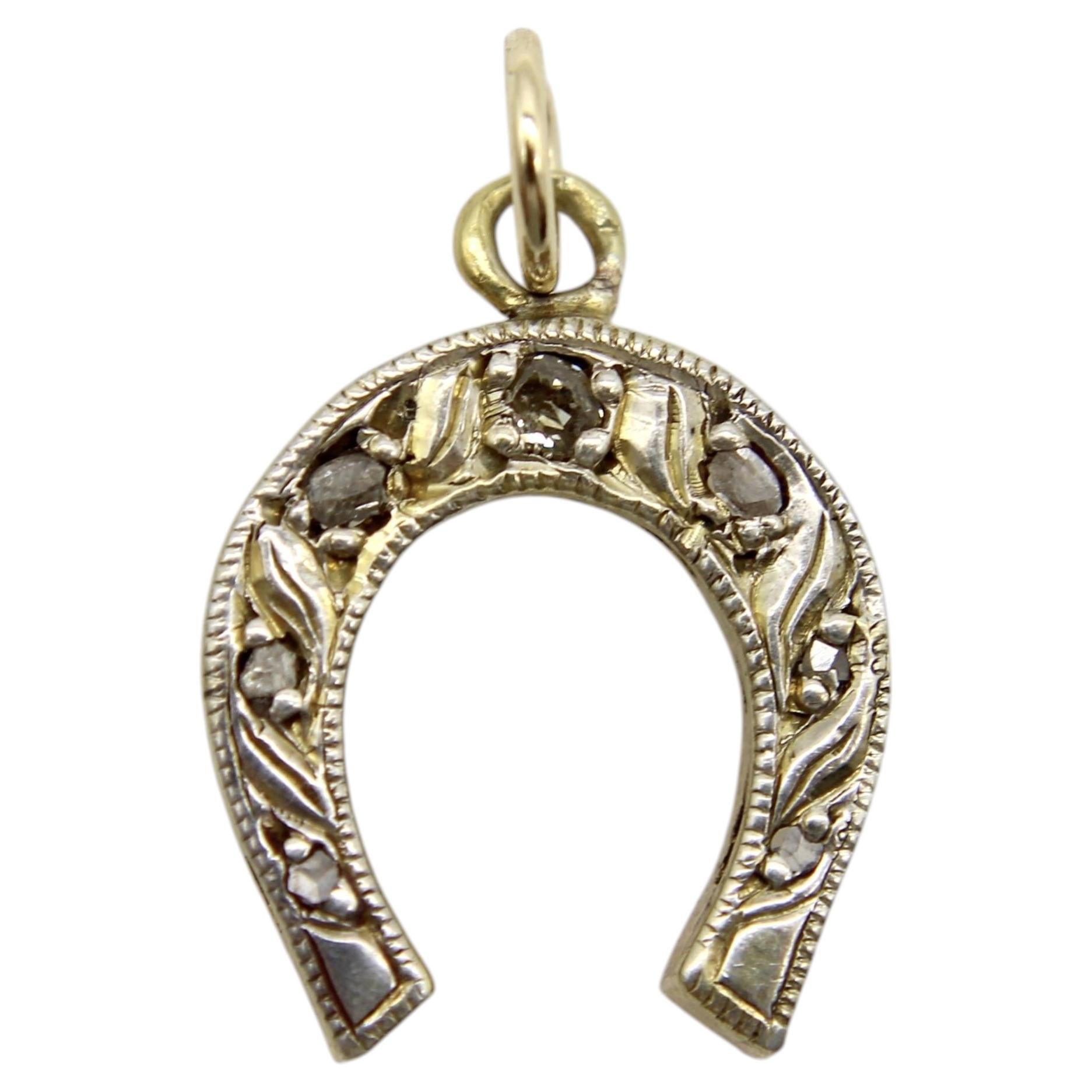 Victorian 14K Gold with Silver Front Diamond Horseshoe Charm or Pendant