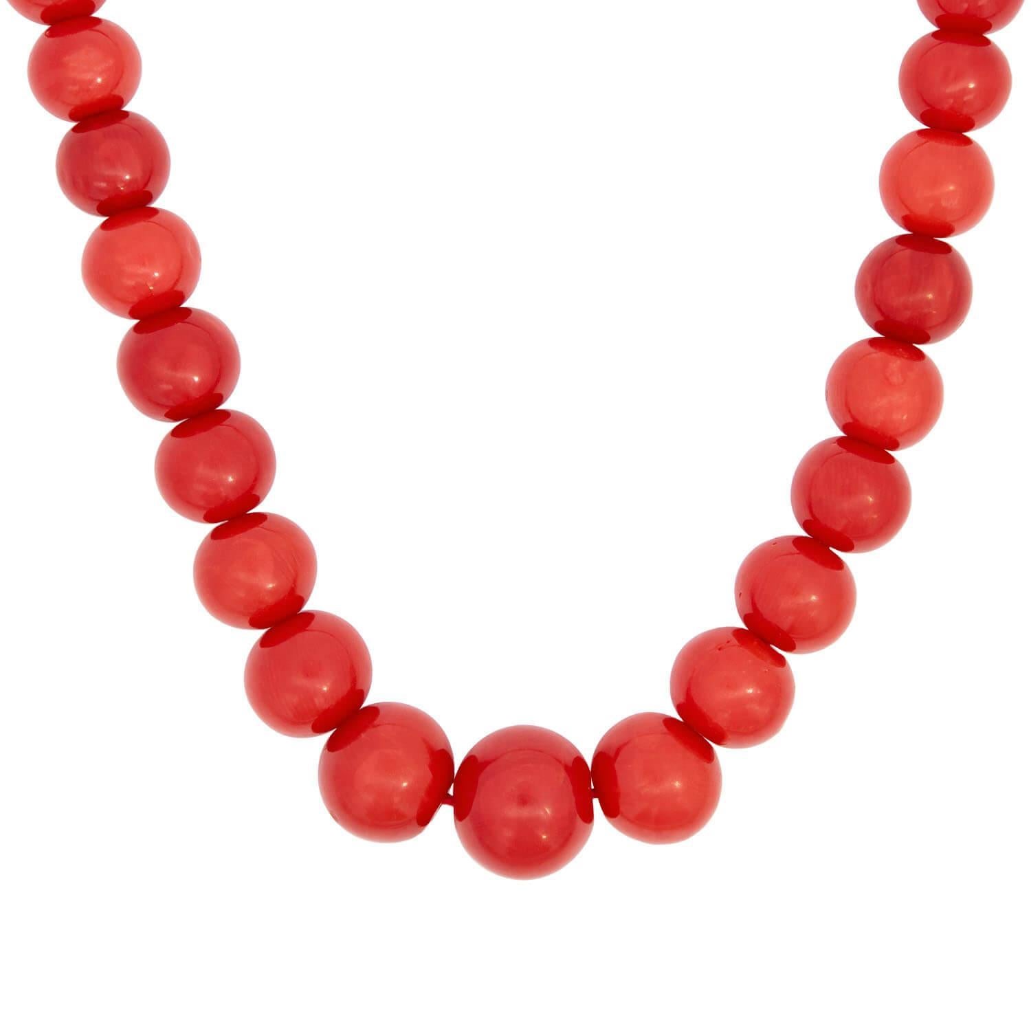 A gorgeous oxblood coral bead necklace from the Victorian (ca1880) era! This lovely necklace is comprised of a single strand of graduated oxblood coral beads, which are hand strung on deep red thread. Each natural and undyed bead has a smoothly