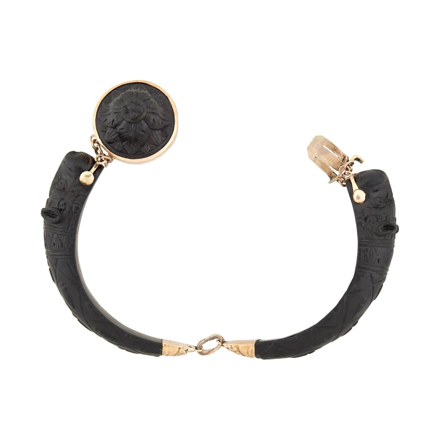Victorian 14k Gutta Percha Carved Lion Bracelet For Sale 1