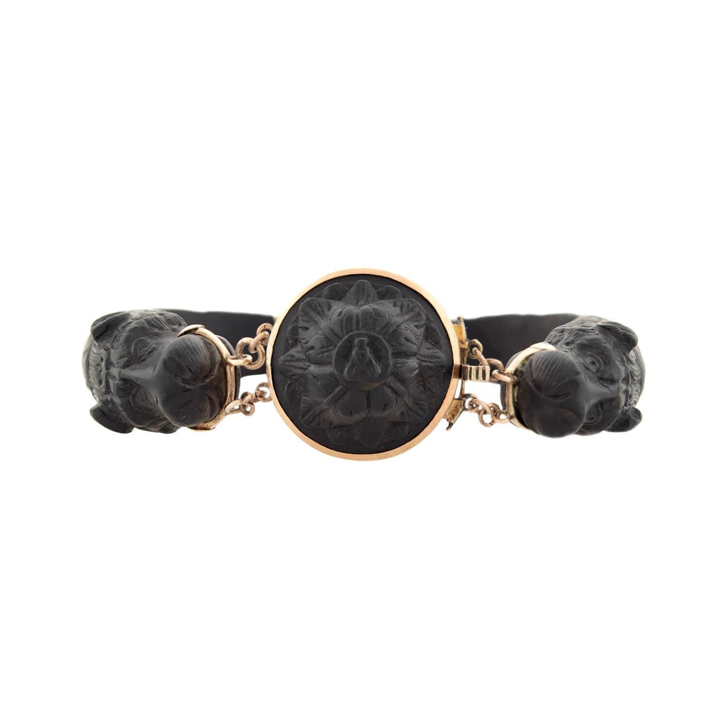 Victorian 14k Gutta Percha Carved Lion Bracelet For Sale