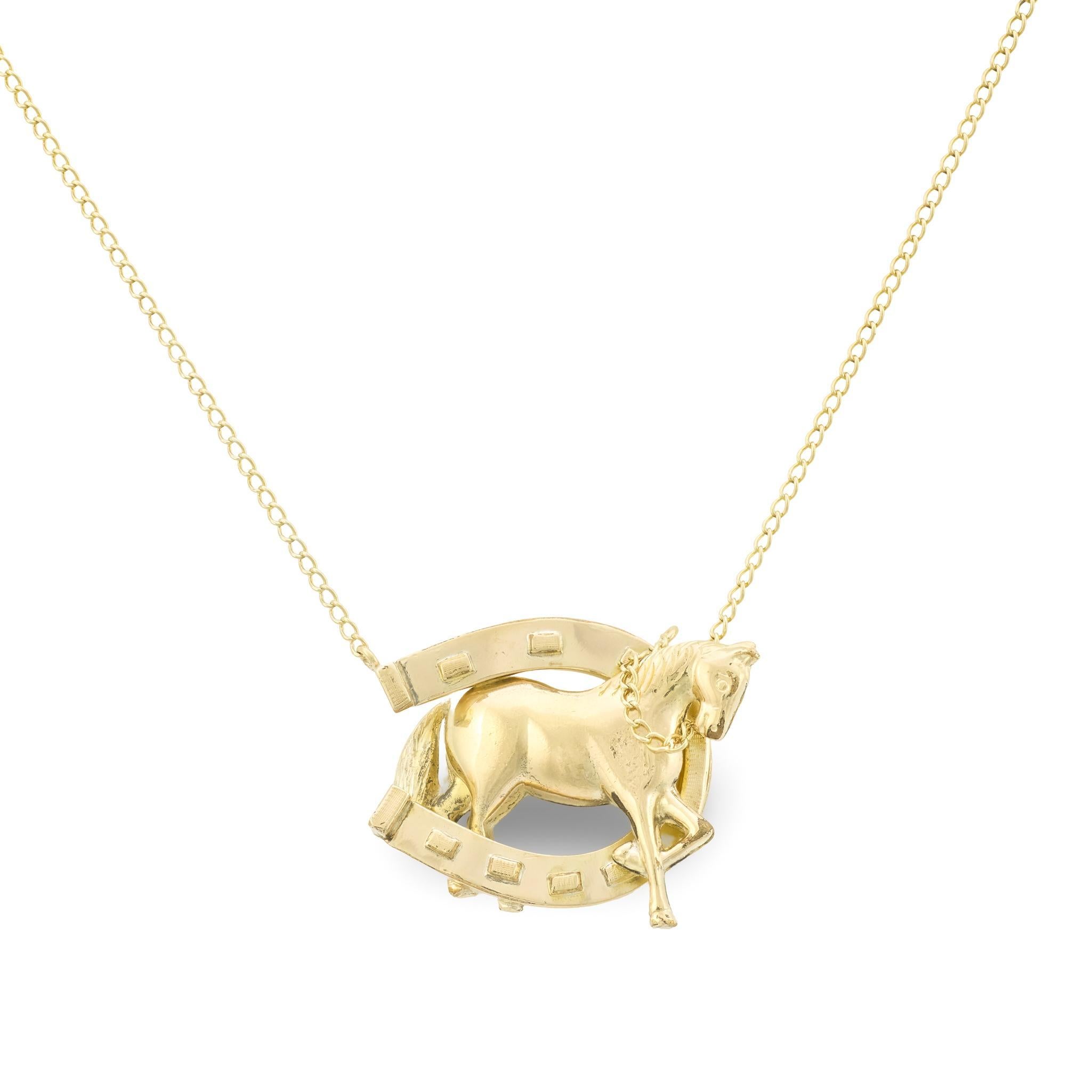 Collier Victorien 14k avec pendentif cheval et fer à cheval