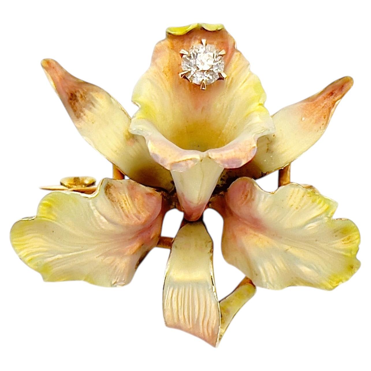 Antique Whiteside & Balnk 14k Iridescent Enamel Orchid Brooch