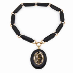 Victorian 14k Jet & Pearl Locket Pendant Necklace