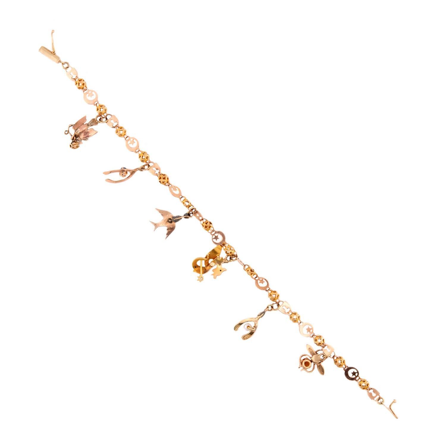 Viktorianisches 14k Multi-Stein-Charm-Armband im Zustand „Gut“ im Angebot in Narberth, PA