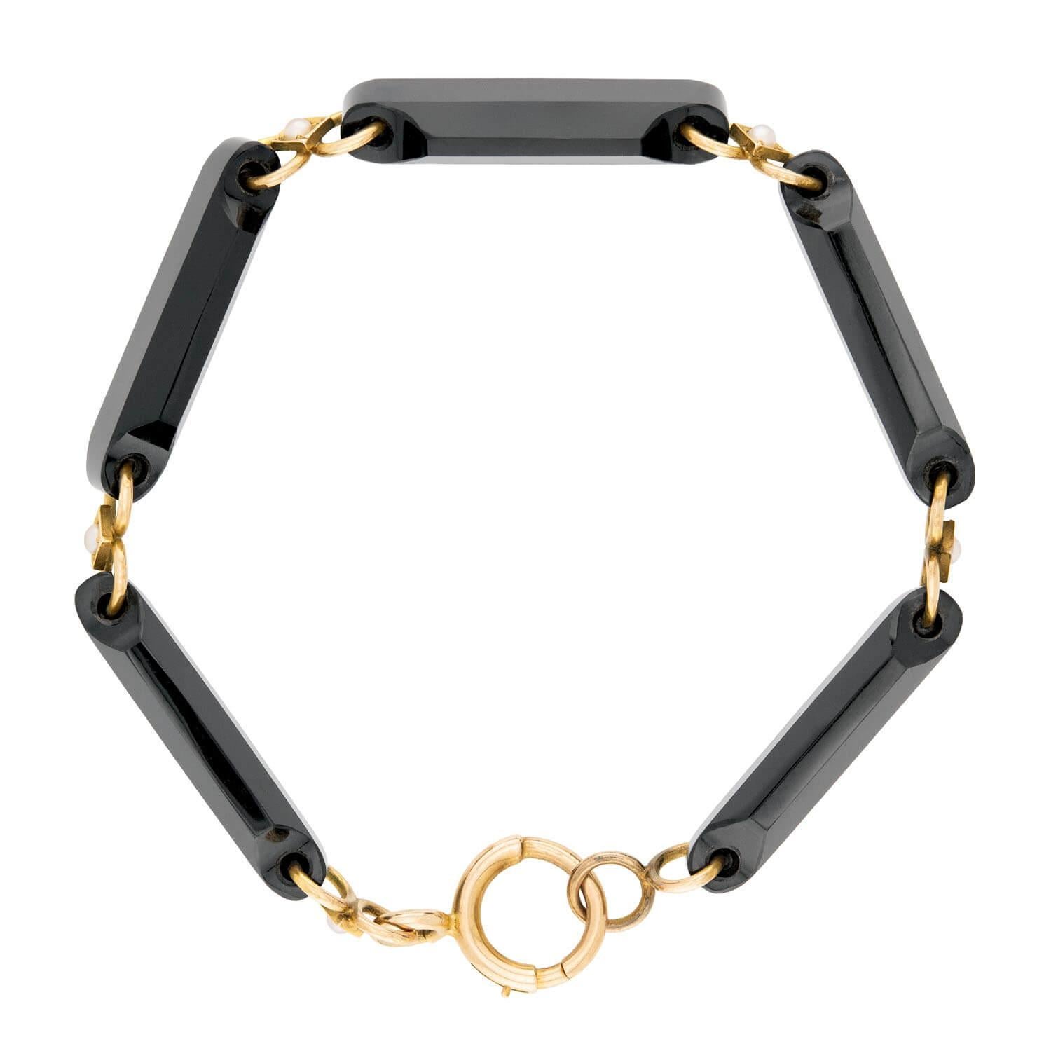 Vittoriano Victorian 14k Onyx and Pearl Link Bracelet in vendita
