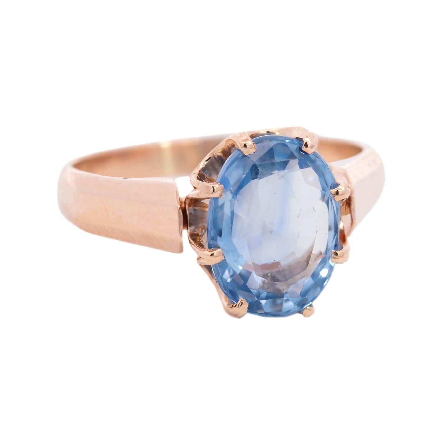 An outstanding sapphire ring from the Victorian (ca1880) era! This breathtaking 14k rosy yellow gold ring has a beautiful eight-prong open mounting. The oval cut sapphire has a weight of 3.34cts and boasts a gorgeous pale lavender-blue tone with