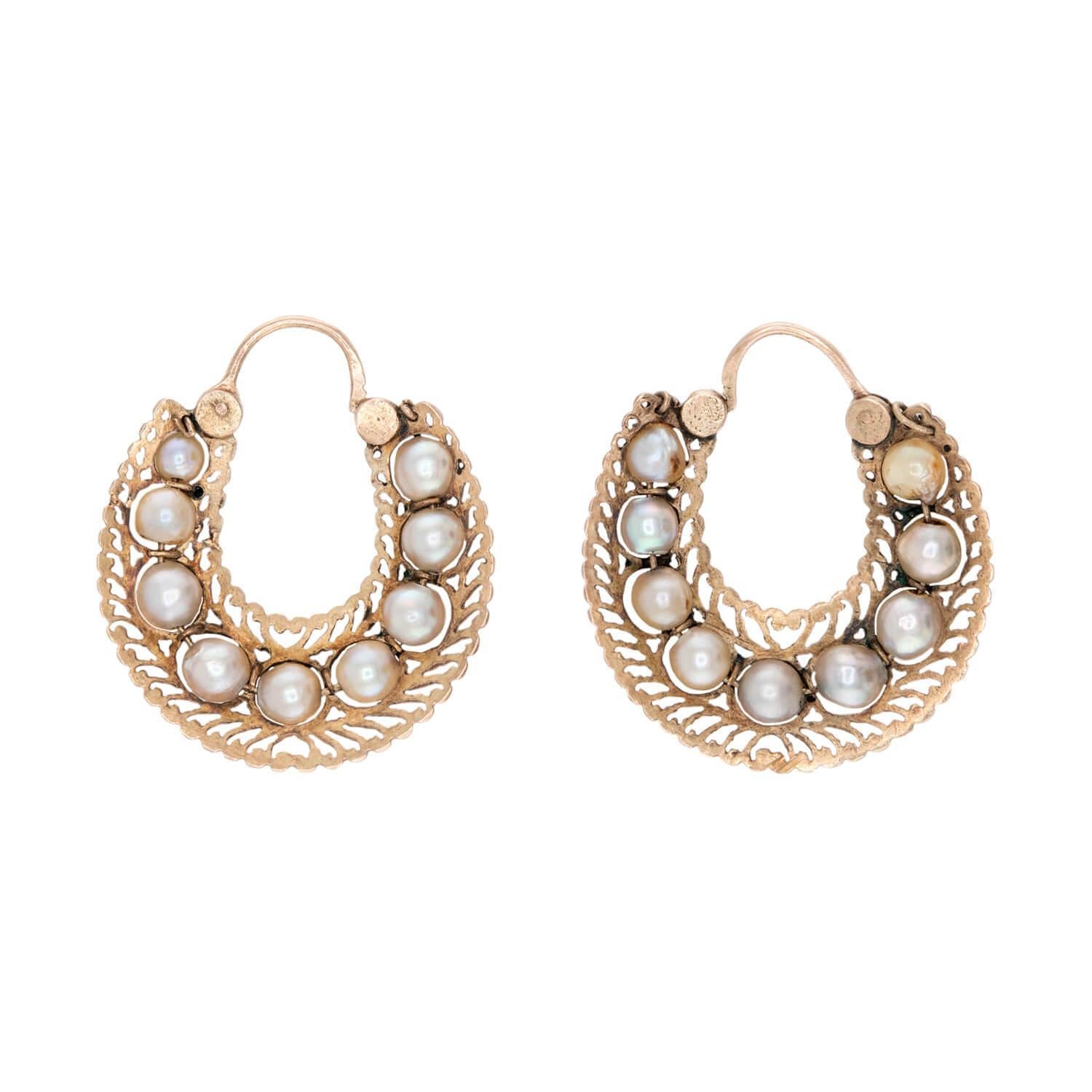 Bead Victorian 14k Pearl Hoop Earrings For Sale