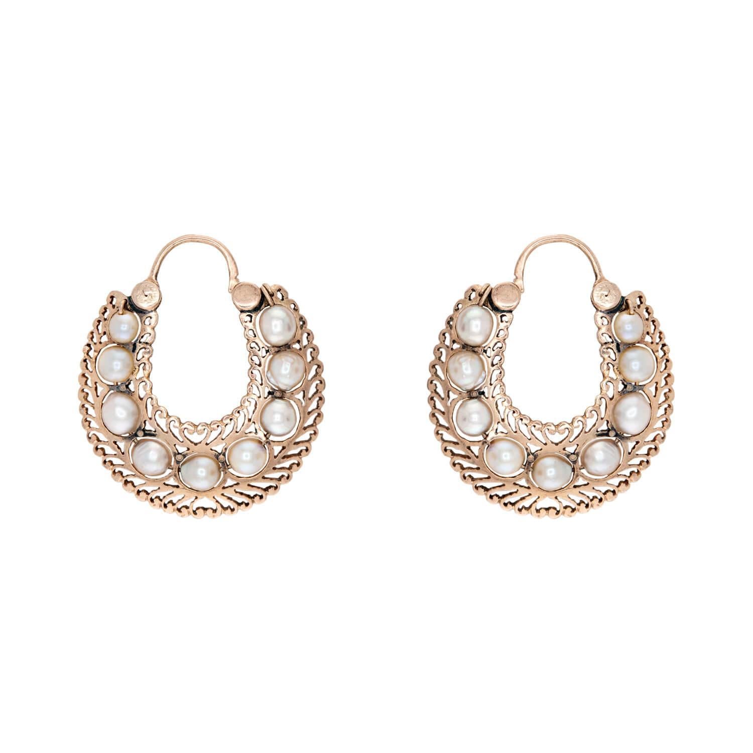 Victorian 14k Pearl Hoop Earrings In Good Condition For Sale In Narberth, PA
