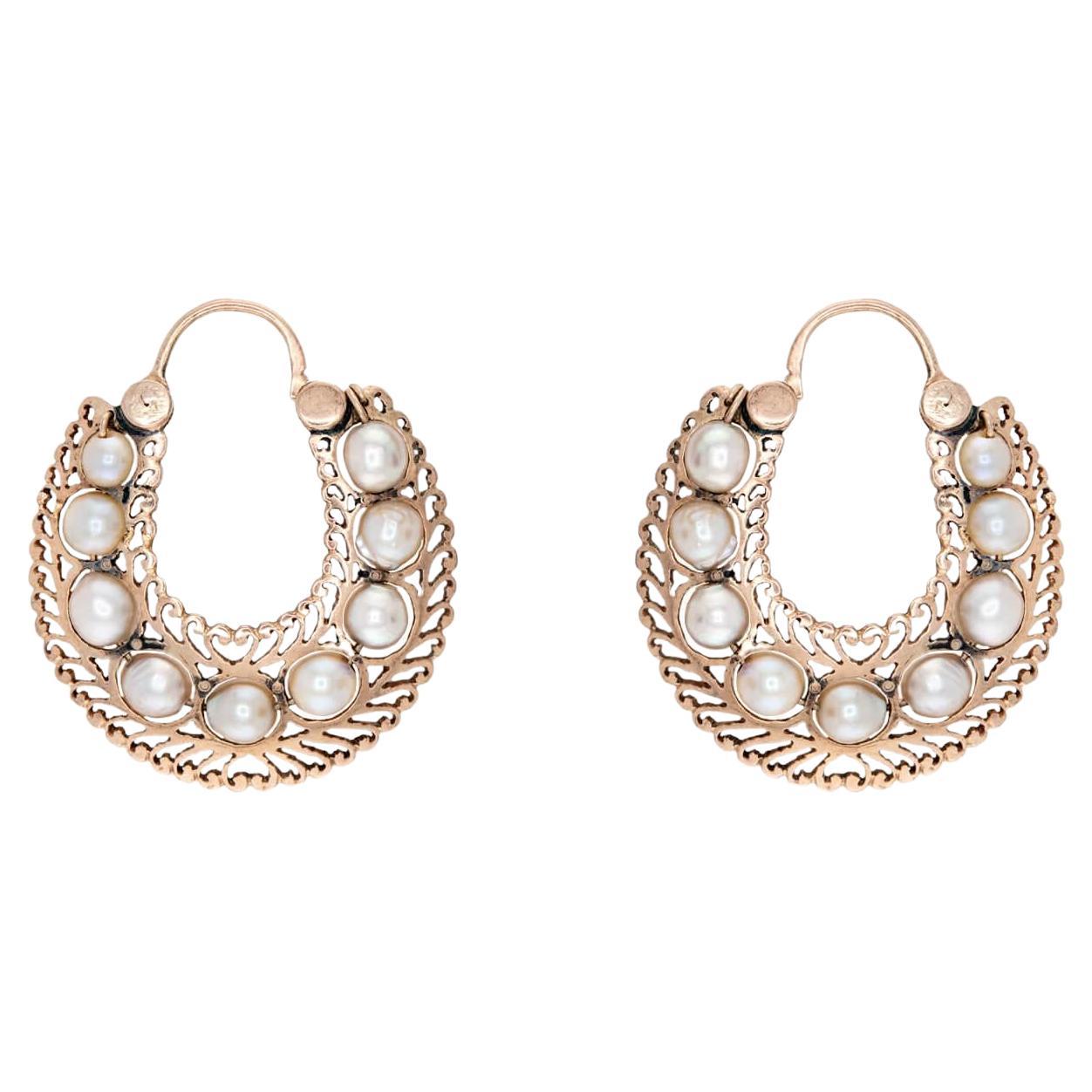 Victorian 14k Pearl Hoop Earrings For Sale