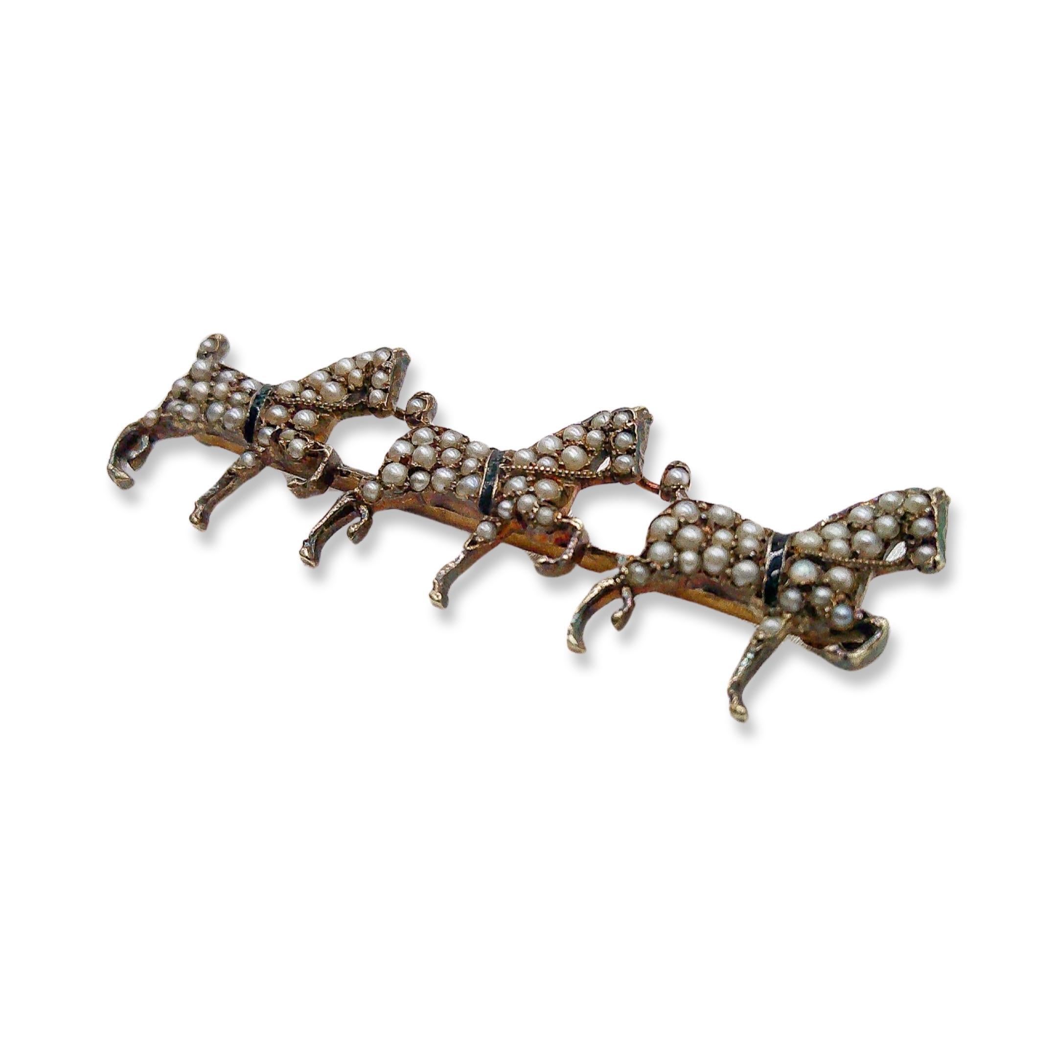 Step into a fairy-tale dream with our Victorian 14K Pearl Tennessee Walking Horse Brooch—a whimsical blend of artistry and allure. Featuring the iconic Tennessee walking horse stance and crafted with utmost precision, each horse showcases the