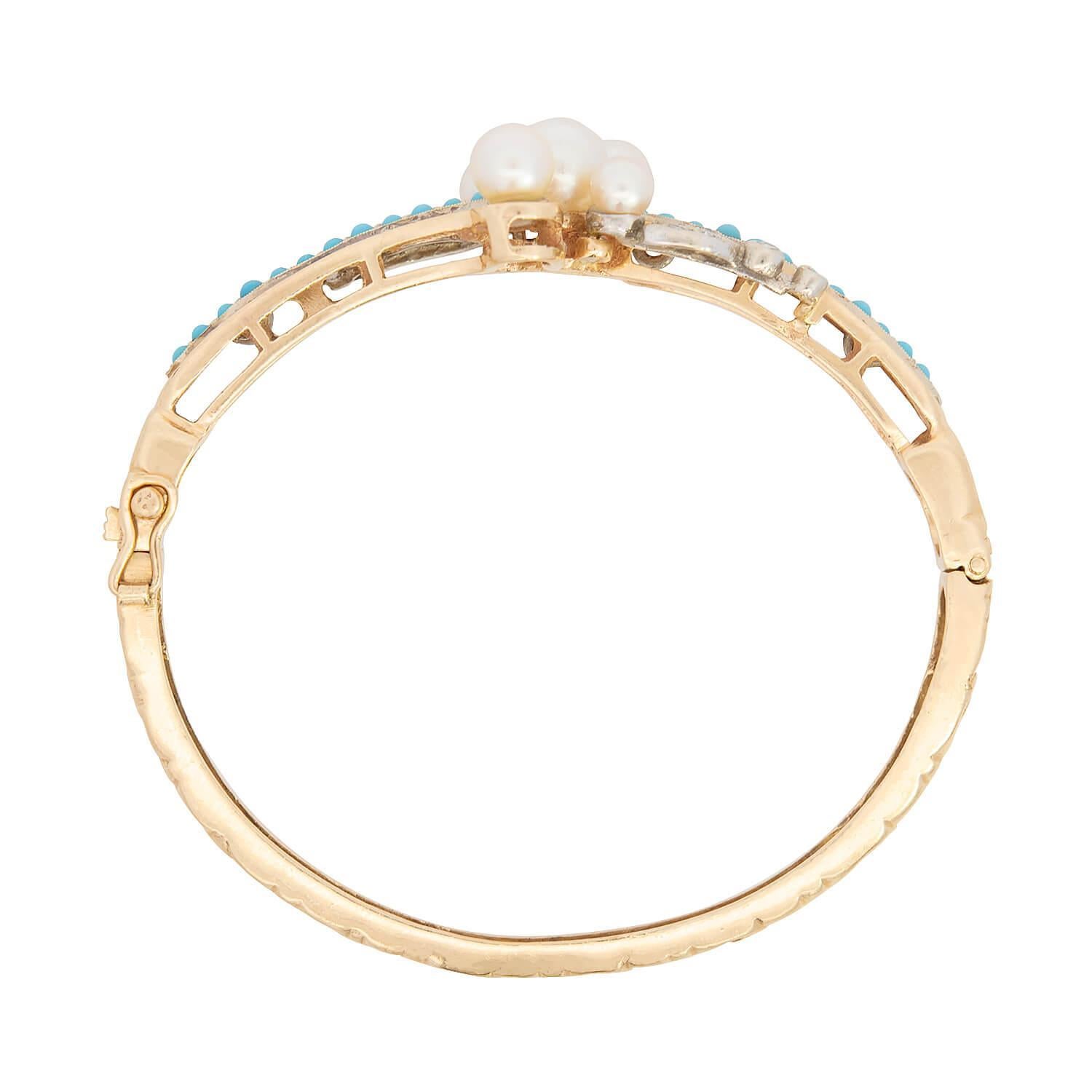 Victorien Victorian 14k Pearl, Turquoise, and Diamond Bangle en vente