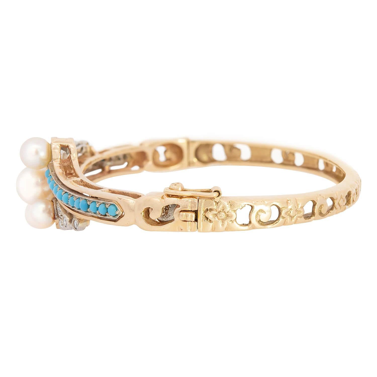 Perle Victorian 14k Pearl, Turquoise, and Diamond Bangle en vente