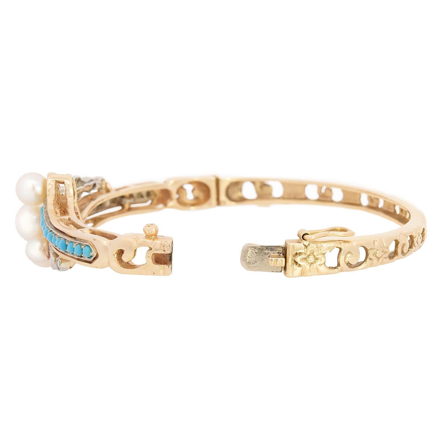 Victorian 14k Pearl, Turquoise, and Diamond Bangle Pour femmes en vente