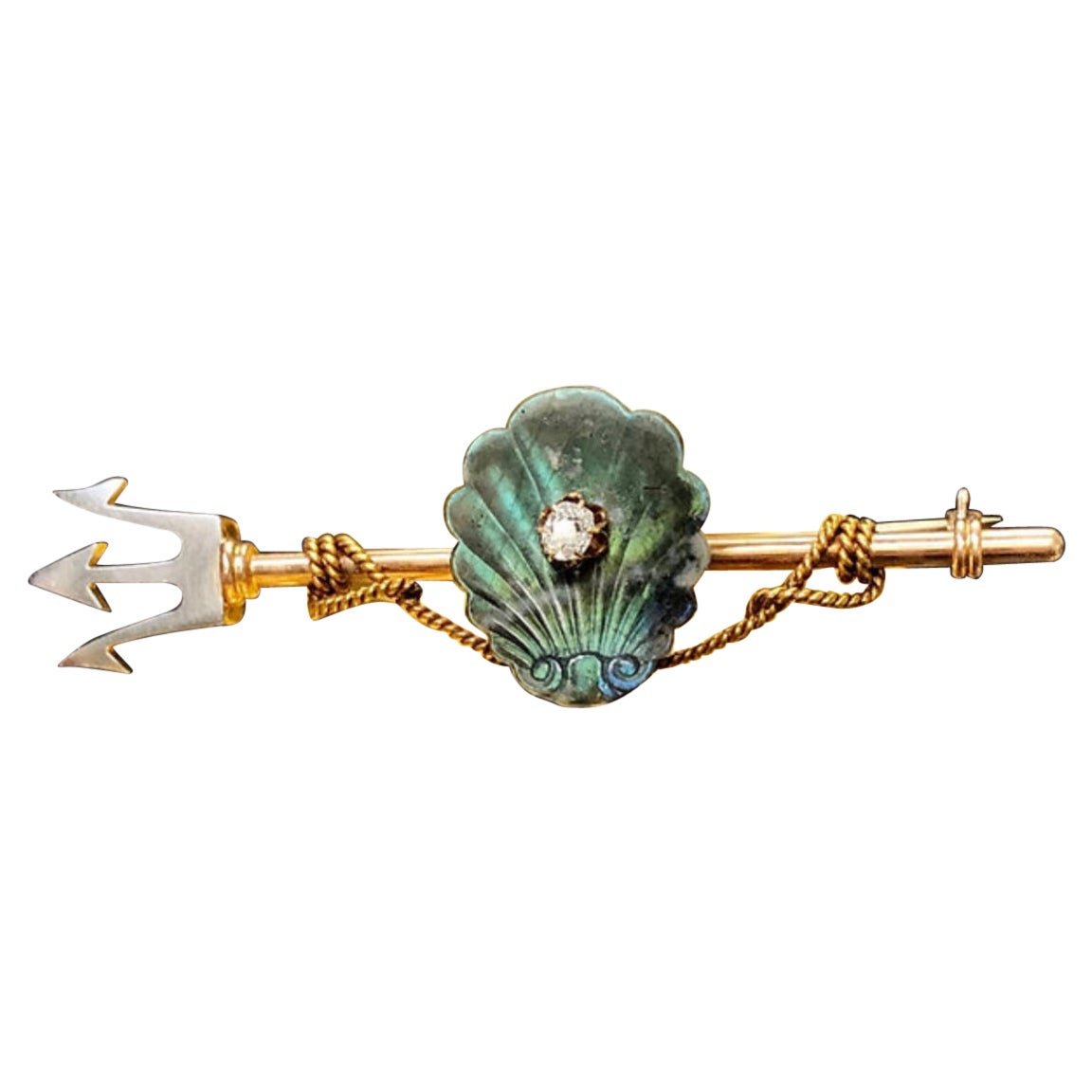 Spilla vittoriana in platino 14 carati con diamante e labradorite Nautica Tridente conchiglia