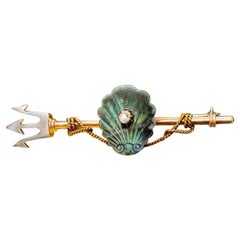 Antique Victorian 14K Platinum Diamond Labradorite Nautical Trident Seashell Pin Brooch