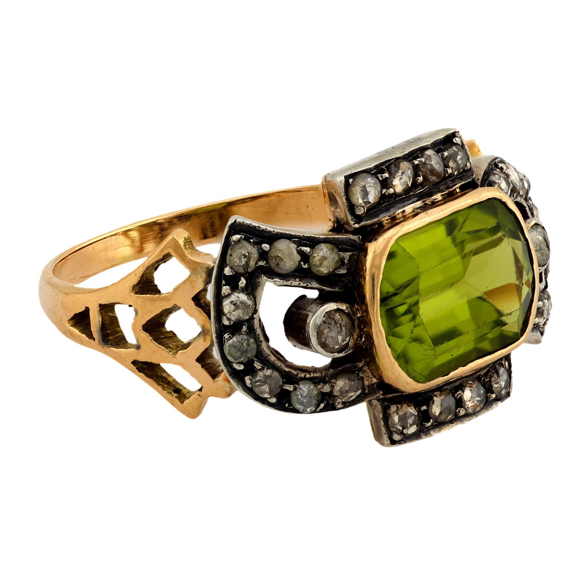 Cushion Cut Victorian 14k/Platinum Peridot and Diamond Ring For Sale