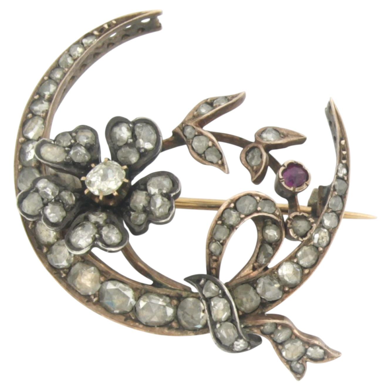 Victorian 14k Red Gold Brooch with Ruby and Diamond, Circa 1880