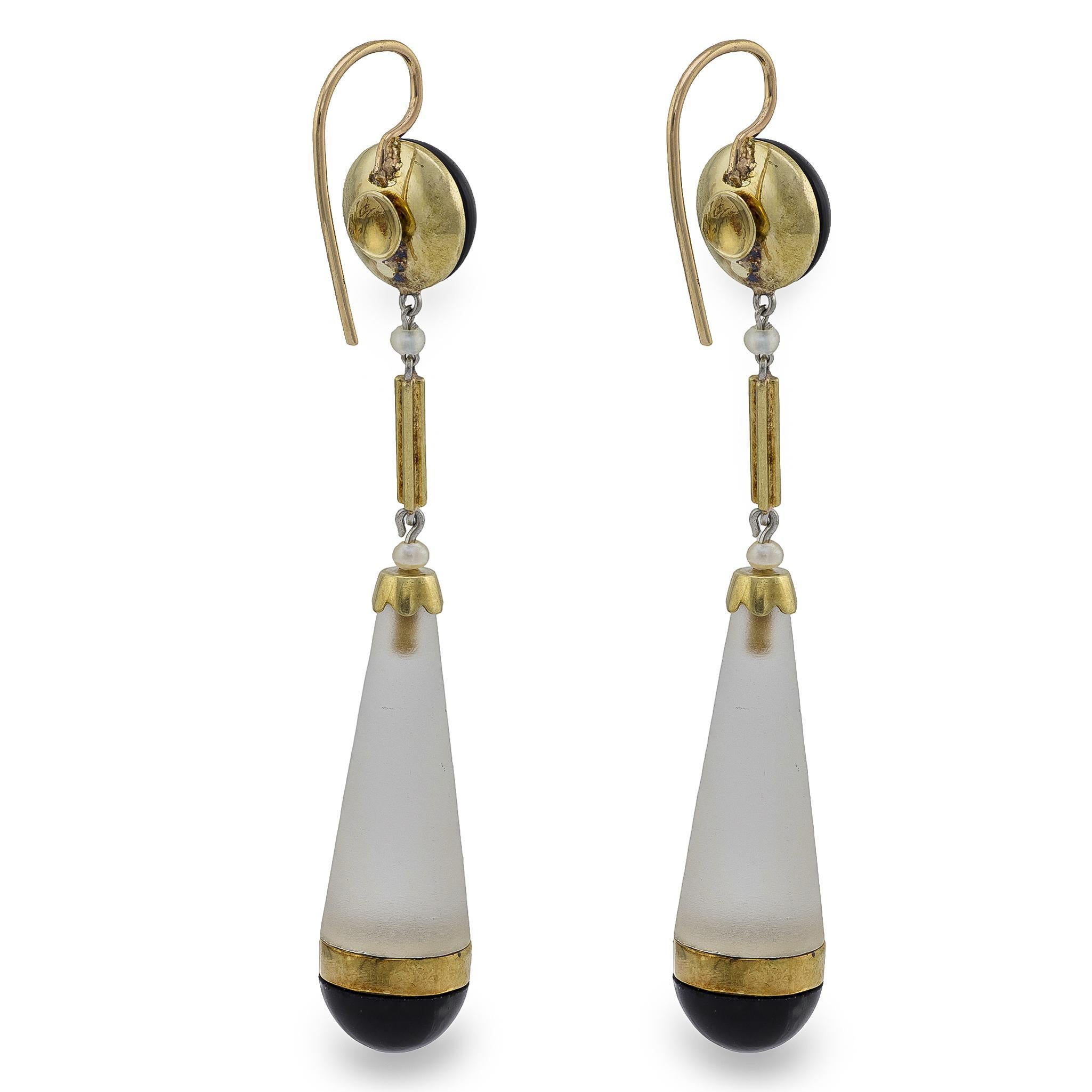 Viktorianische 14k Bergquarz Kristall Onyx und Samen Perle Tropfen Ohrringe (Rundschliff) im Angebot