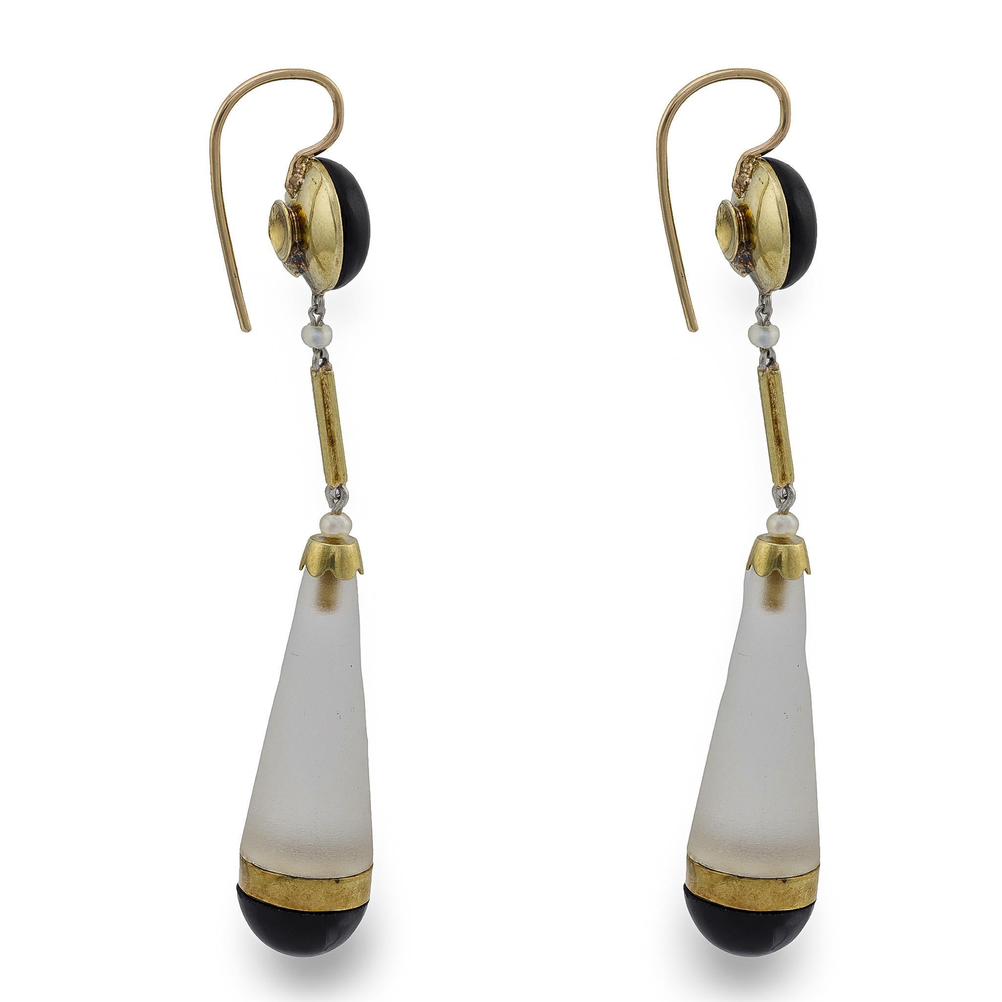 Viktorianische 14k Bergquarz Kristall Onyx und Samen Perle Tropfen Ohrringe im Zustand „Gut“ im Angebot in Narberth, PA