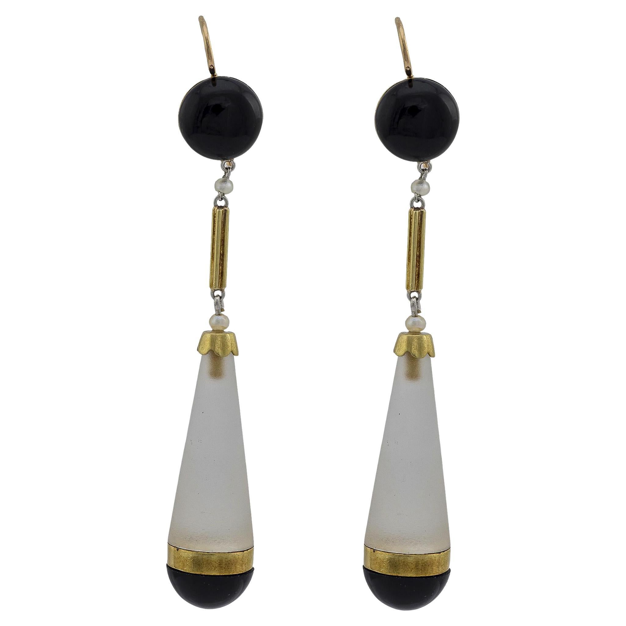 Viktorianische 14k Bergquarz Kristall Onyx und Samen Perle Tropfen Ohrringe