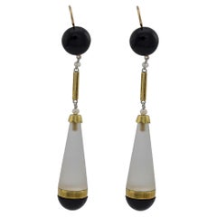 Viktorianische 14k Bergquarz Kristall Onyx und Samen Perle Tropfen Ohrringe