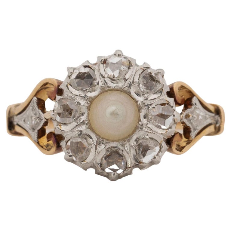 Victorian 14K Rose and White Gold Natural Pearl and Rose Cut Diamond Halo Ring For Sale