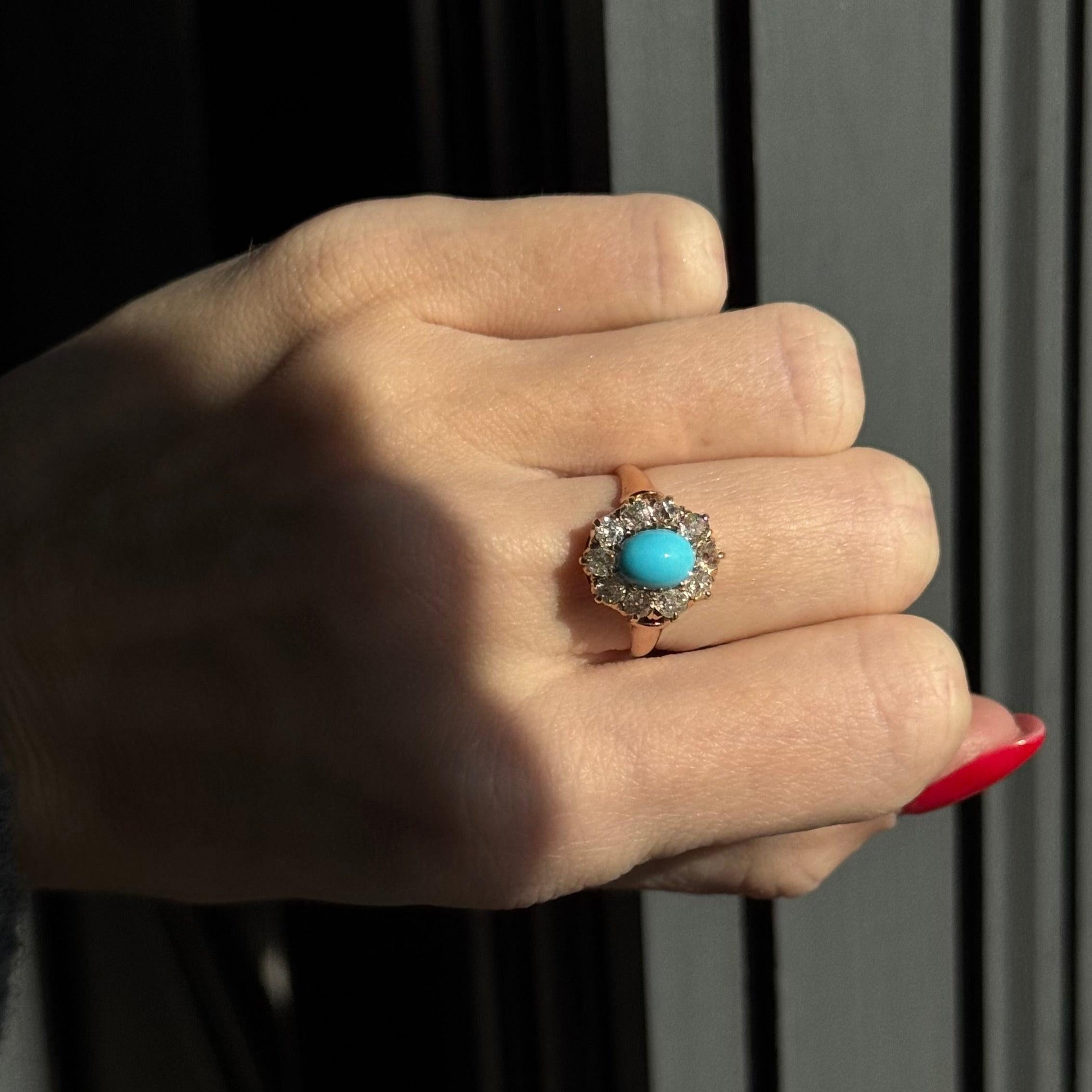 Victorien Bague victorienne en or rose 14 carats avec turquoise de 1,50 carat et diamant de taille européenne ancienne en vente