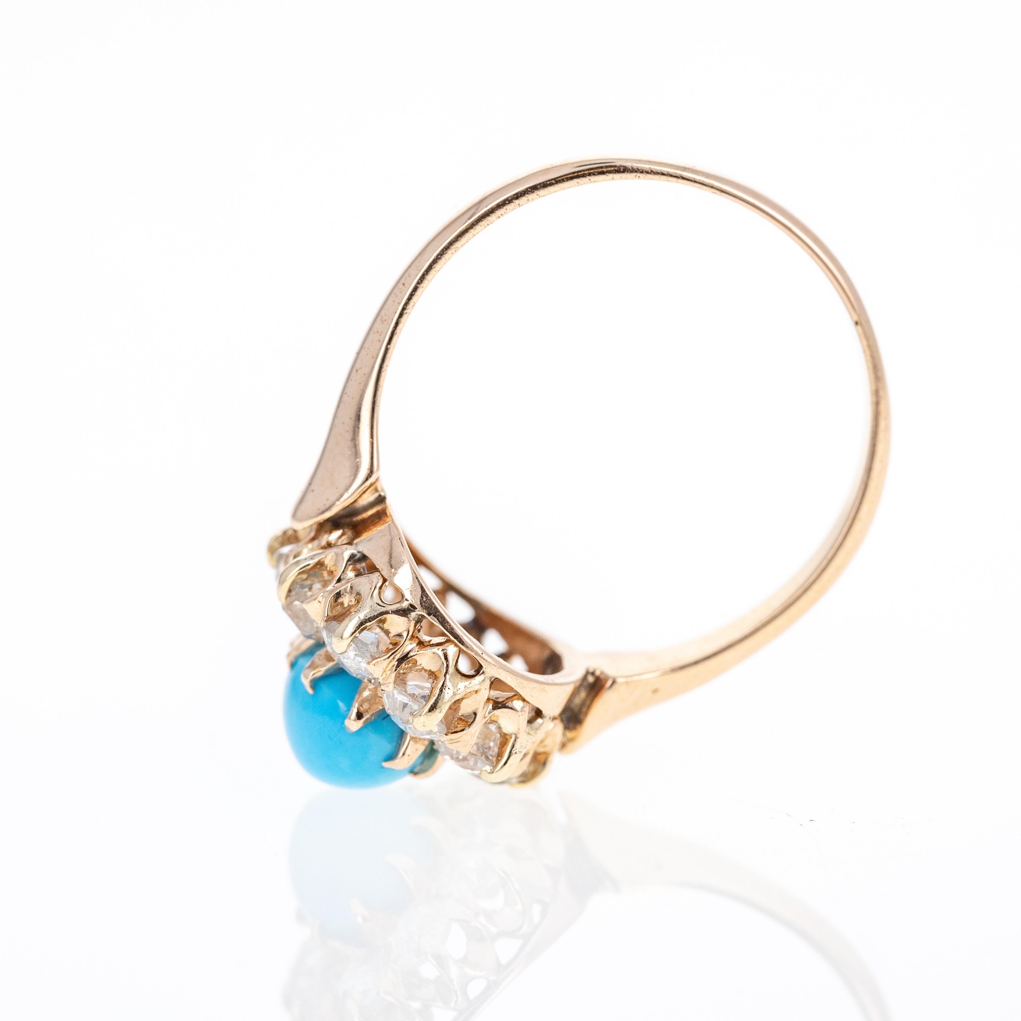 Taille vieille Europe Bague victorienne en or rose 14 carats avec turquoise de 1,50 carat et diamant de taille européenne ancienne en vente
