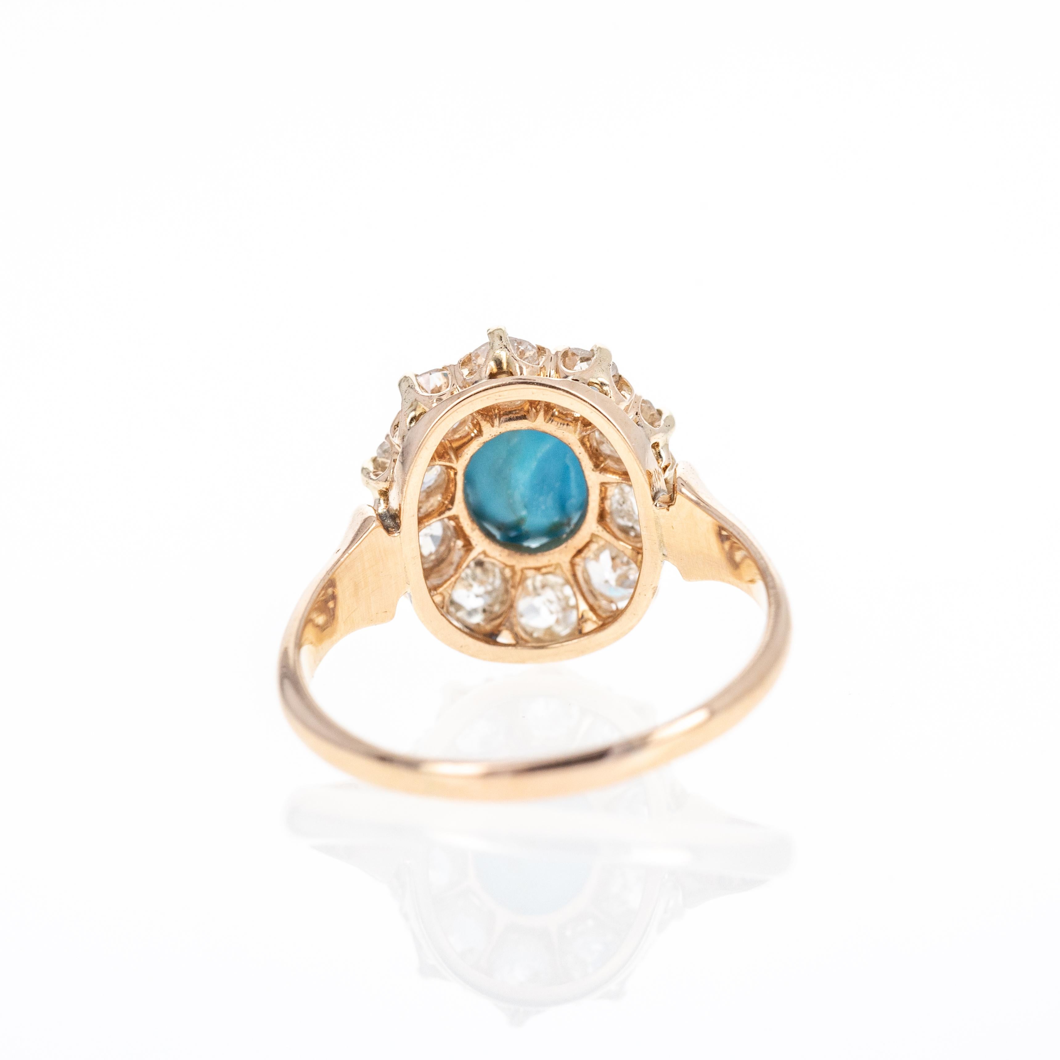 Bague victorienne en or rose 14 carats avec turquoise de 1,50 carat et diamant de taille européenne ancienne Excellent état - En vente à Cape May, NJ
