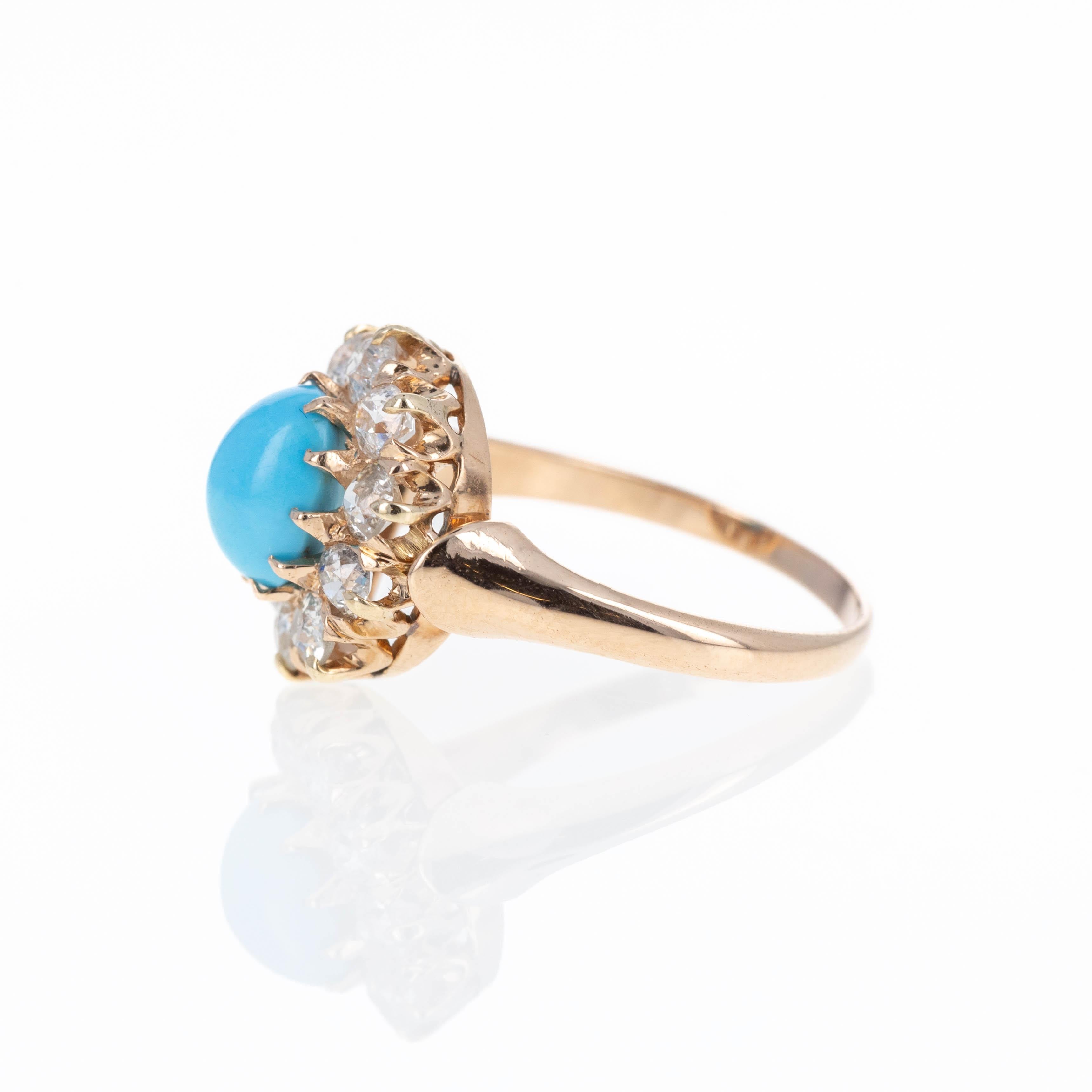 Bague victorienne en or rose 14 carats avec turquoise de 1,50 carat et diamant de taille européenne ancienne Pour femmes en vente