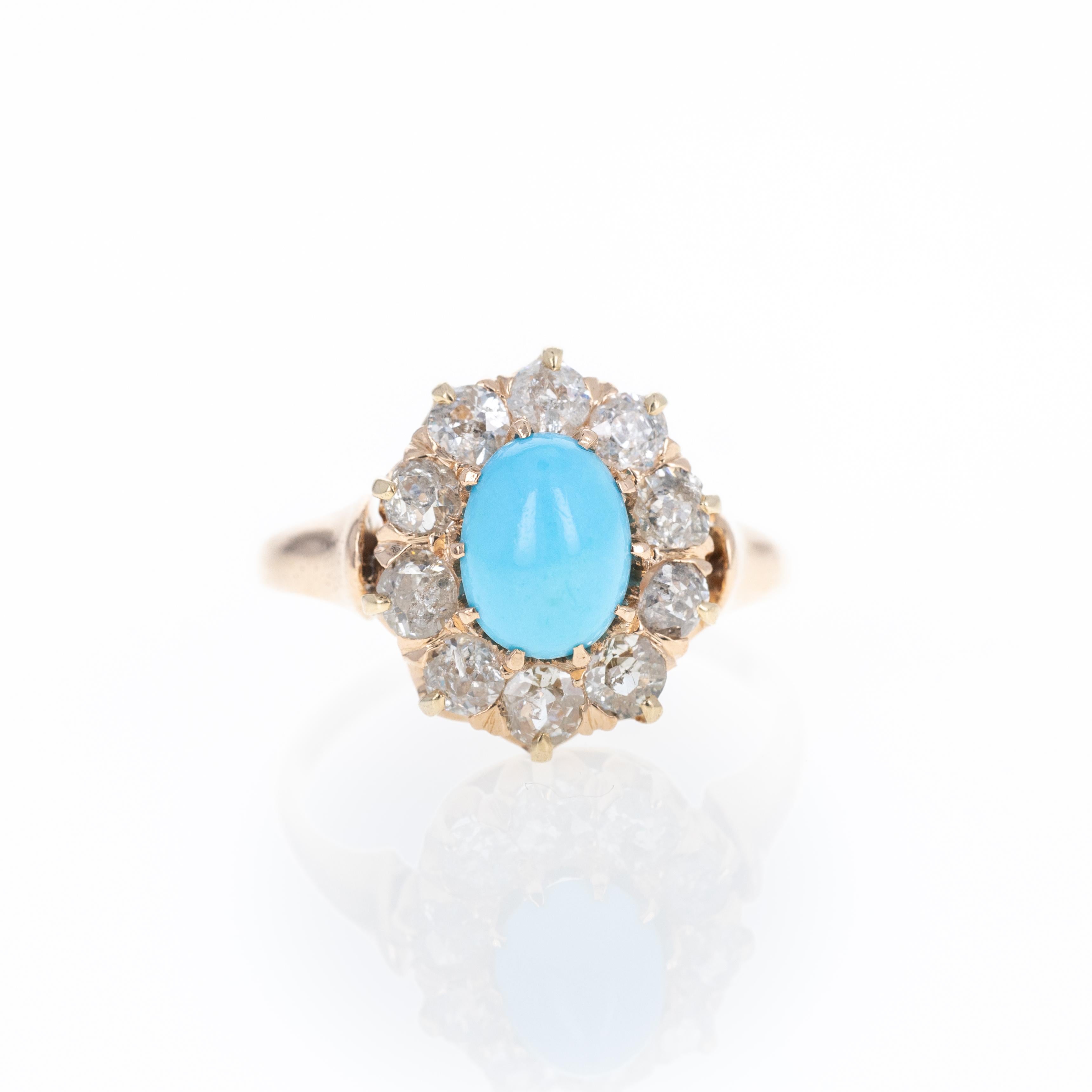 Bague victorienne en or rose 14 carats avec turquoise de 1,50 carat et diamant de taille européenne ancienne en vente 1