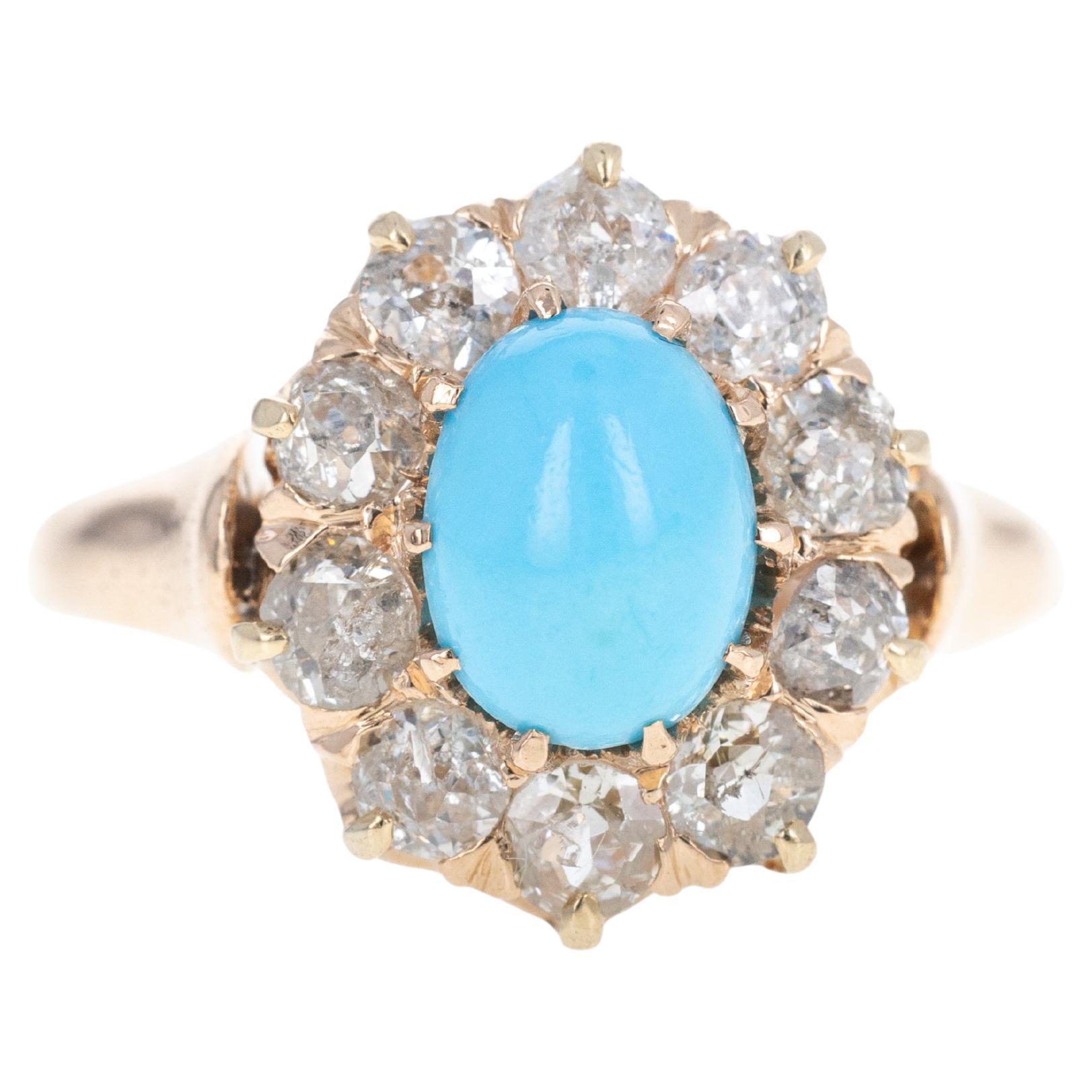 Victorian 14K Rose Gold 1.50 Carat Turquoise Old European Cut Diamond Halo Ring