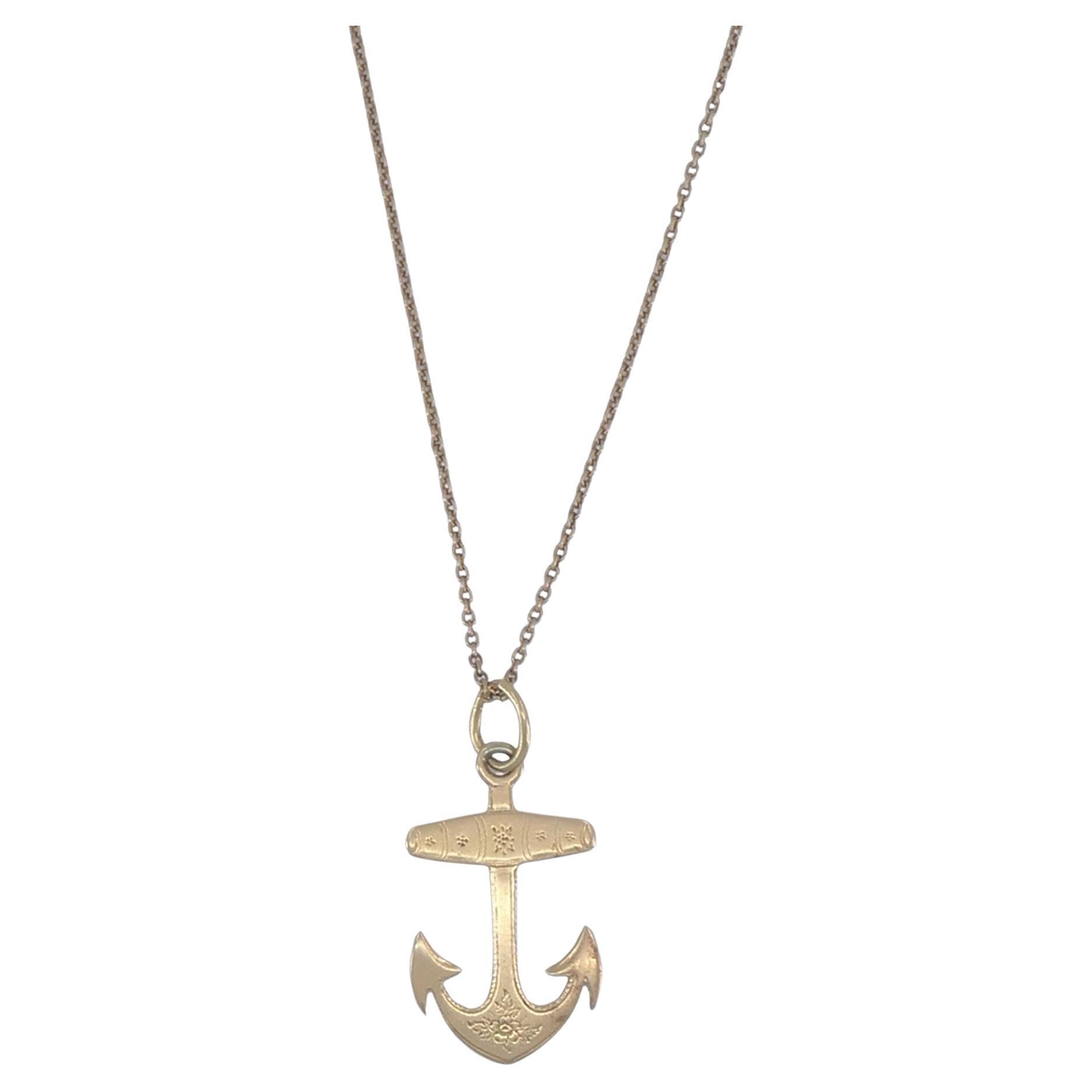 Ciondolo ad ancora in oro rosa vittoriano 14k Collana a catena in oro 10k in vendita