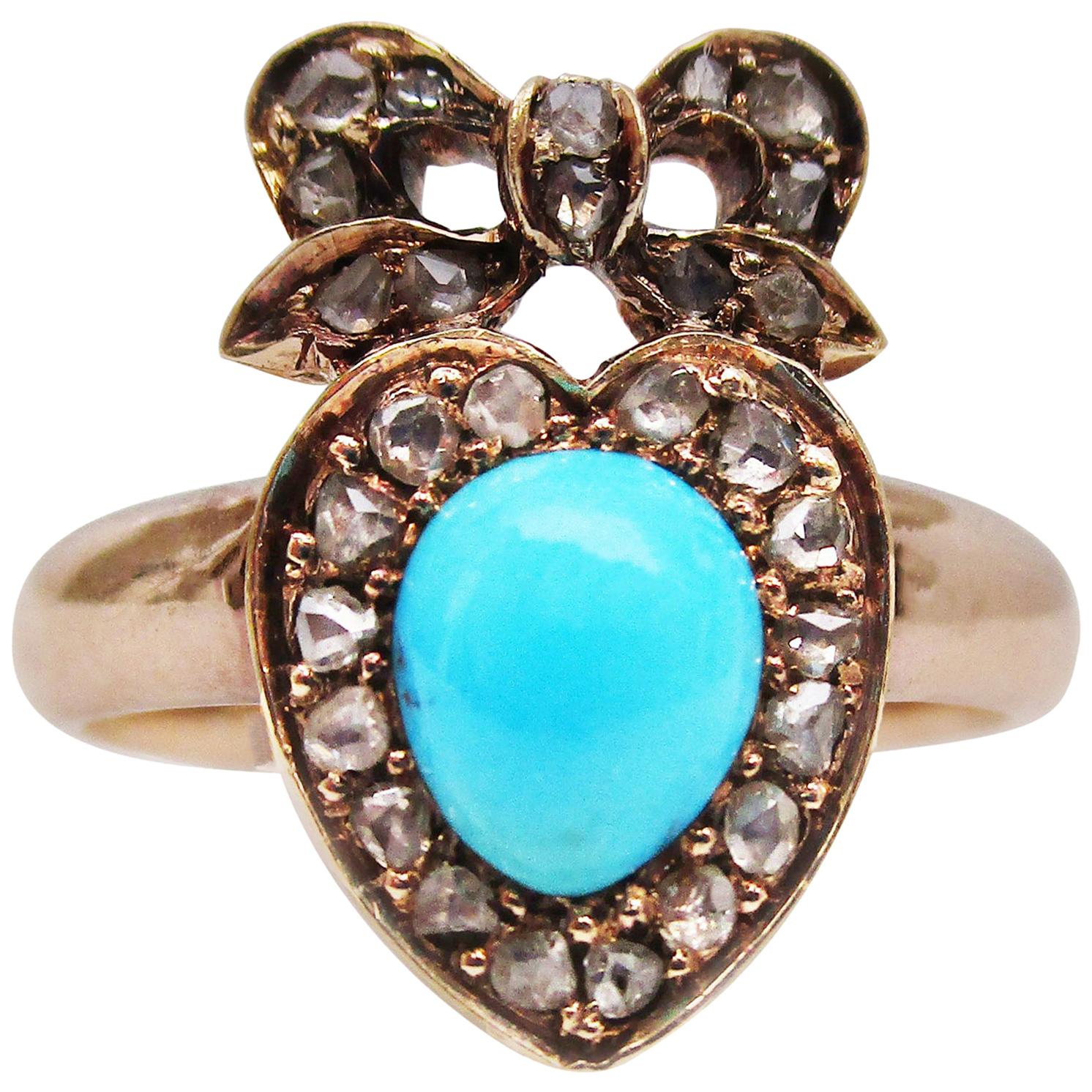 Victorian 14 Karat Rose Gold Diamond and Persian Turquoise Ribbon Heart Ring