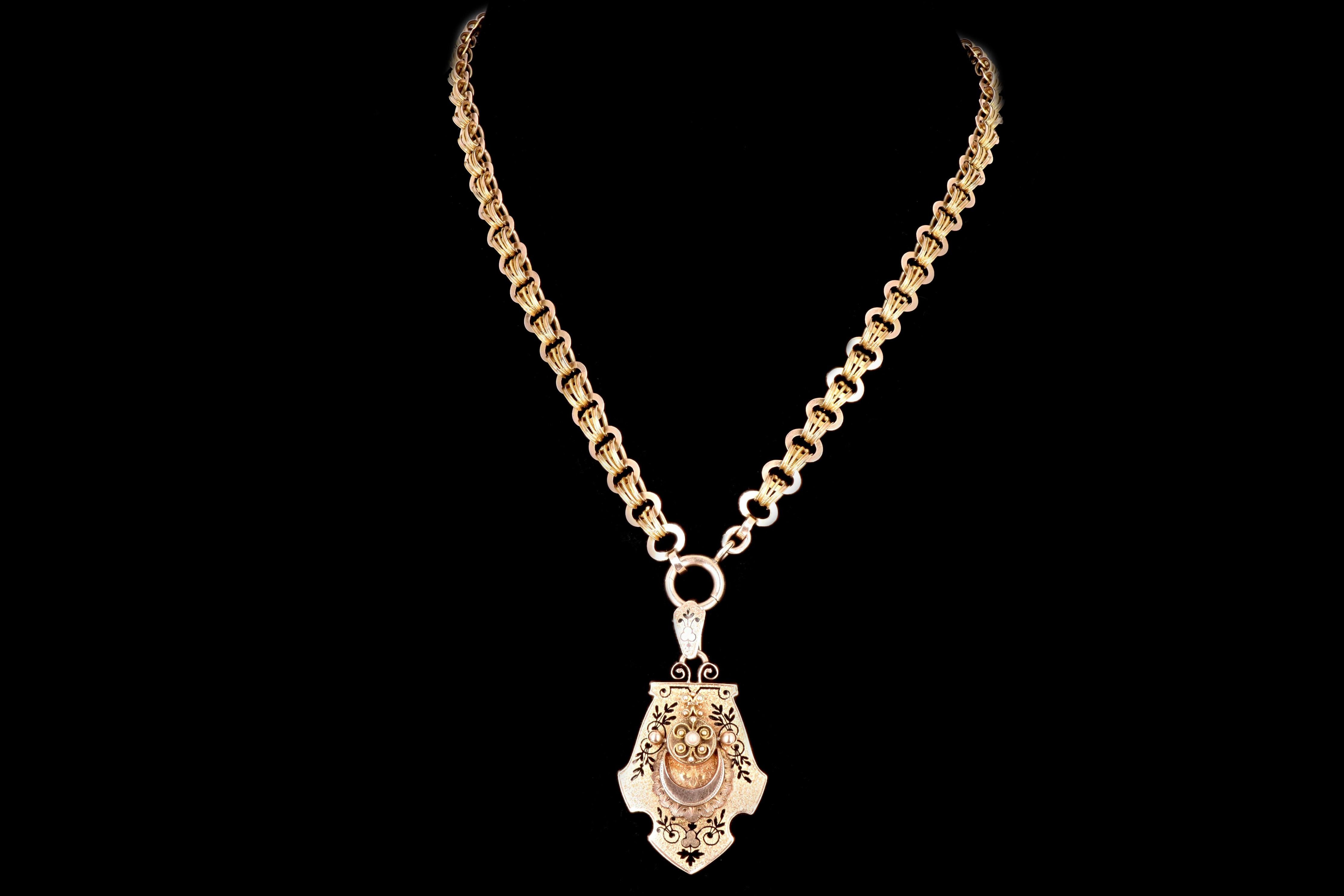 Era: Victorian

Composition: 14K Rose Gold & Enamel

Accent Stone: Small Seed Pearl

Necklace Length: 19 Inches

Necklace Weight: 32.6 Grams