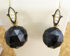 Victorian 14 Karat Gold Faceted Black Onyx Seed Pearl Enamel Accent Earrings