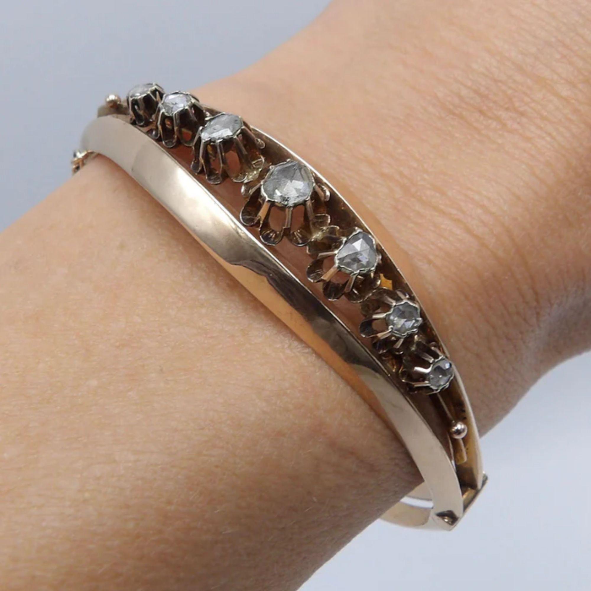 Victorian 14K Rose Gold & Rose Cut Diamond Bracelet For Sale 2