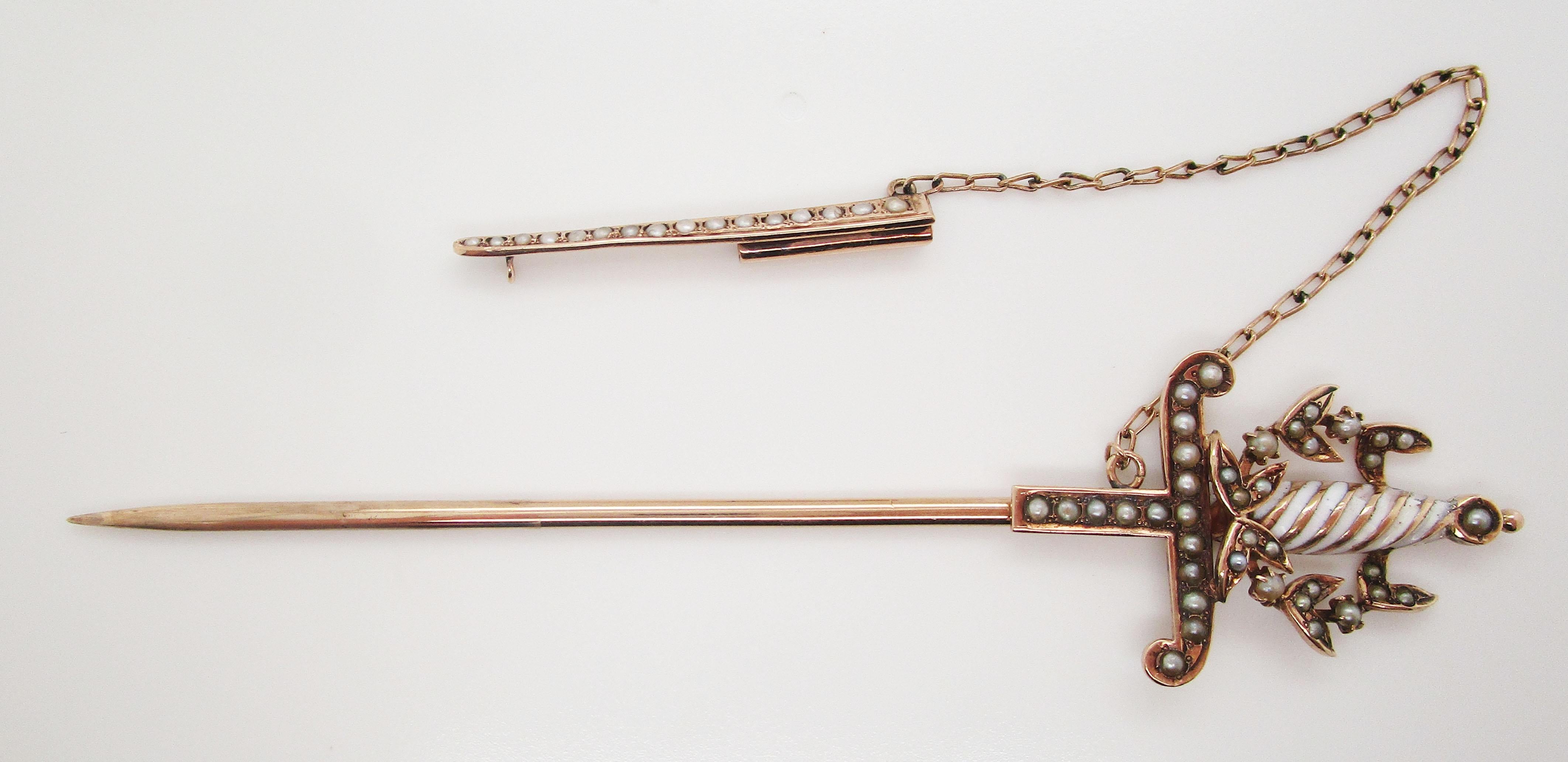 Victorian 14 Karat Rose Gold Seed Pearl and Enamel Sword Jabot Pin In Good Condition In Lexington, KY