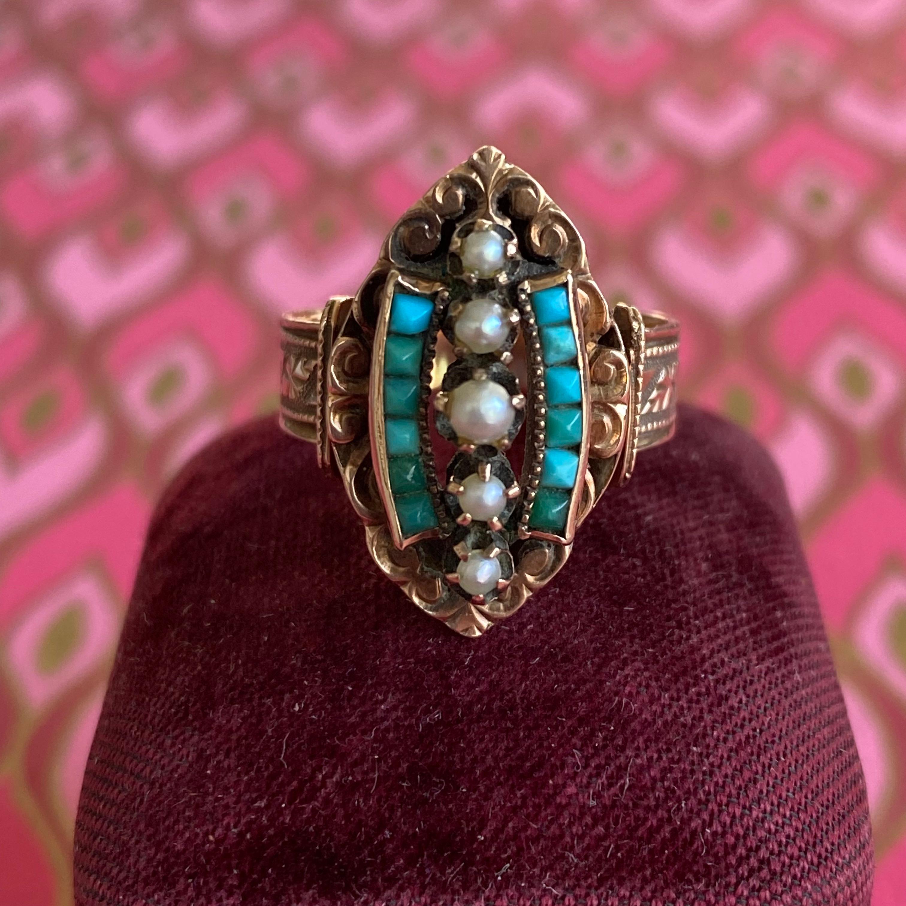 Victorian 14k Rose Gold Turquoise Pearl Ring, circa 1895 For Sale 4