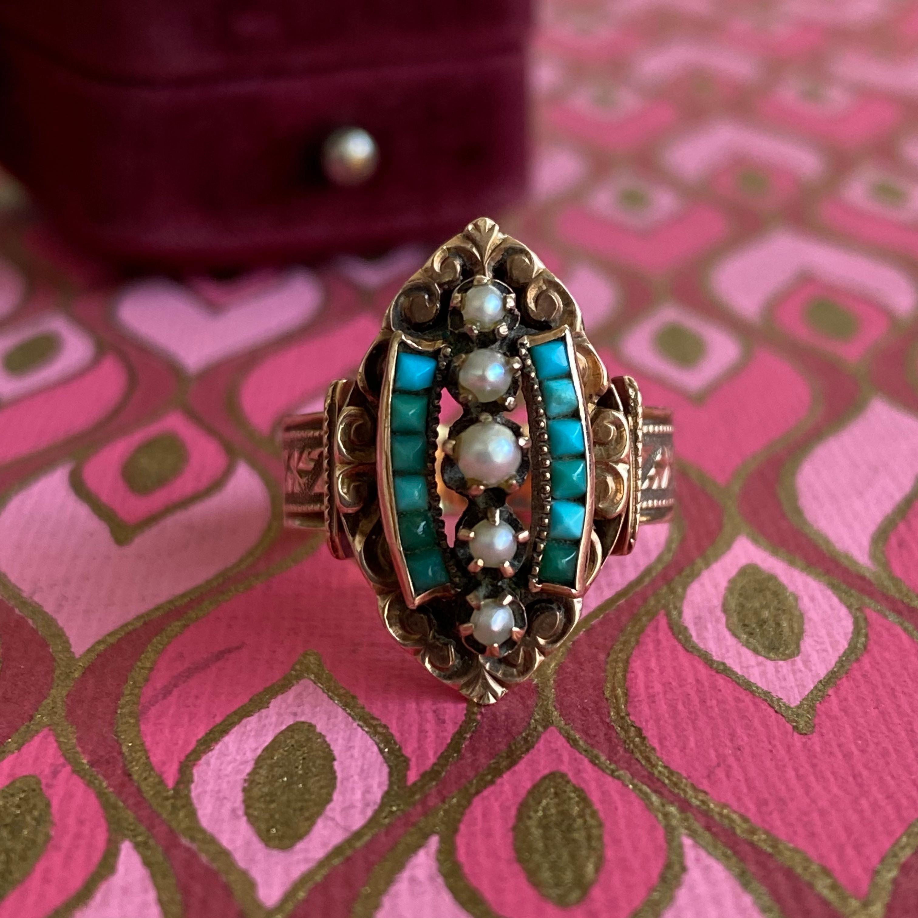 Victorian 14k Rose Gold Turquoise Pearl Ring, circa 1895 For Sale 5