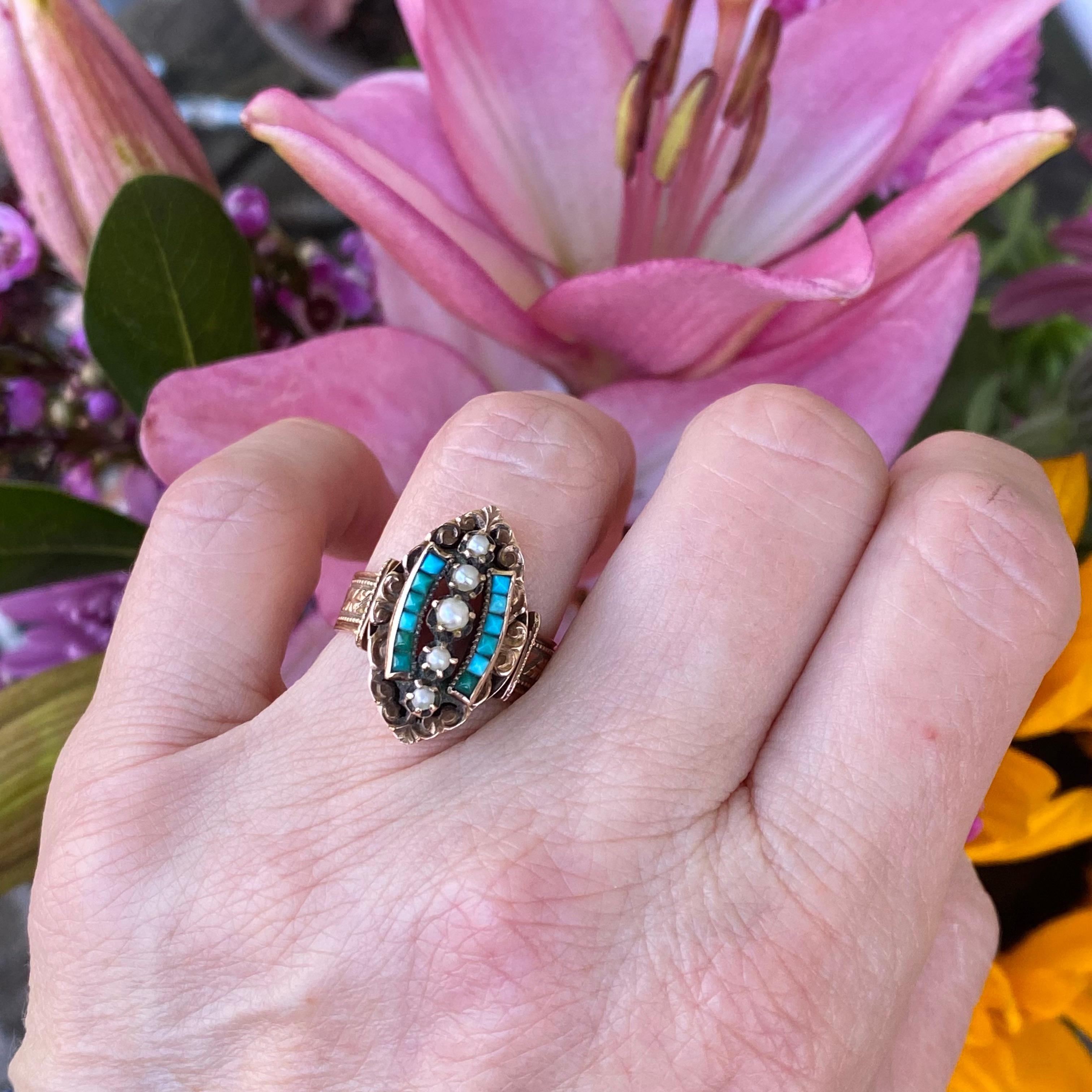 Rose Cut Victorian 14k Rose Gold Turquoise Pearl Ring, circa 1895 For Sale