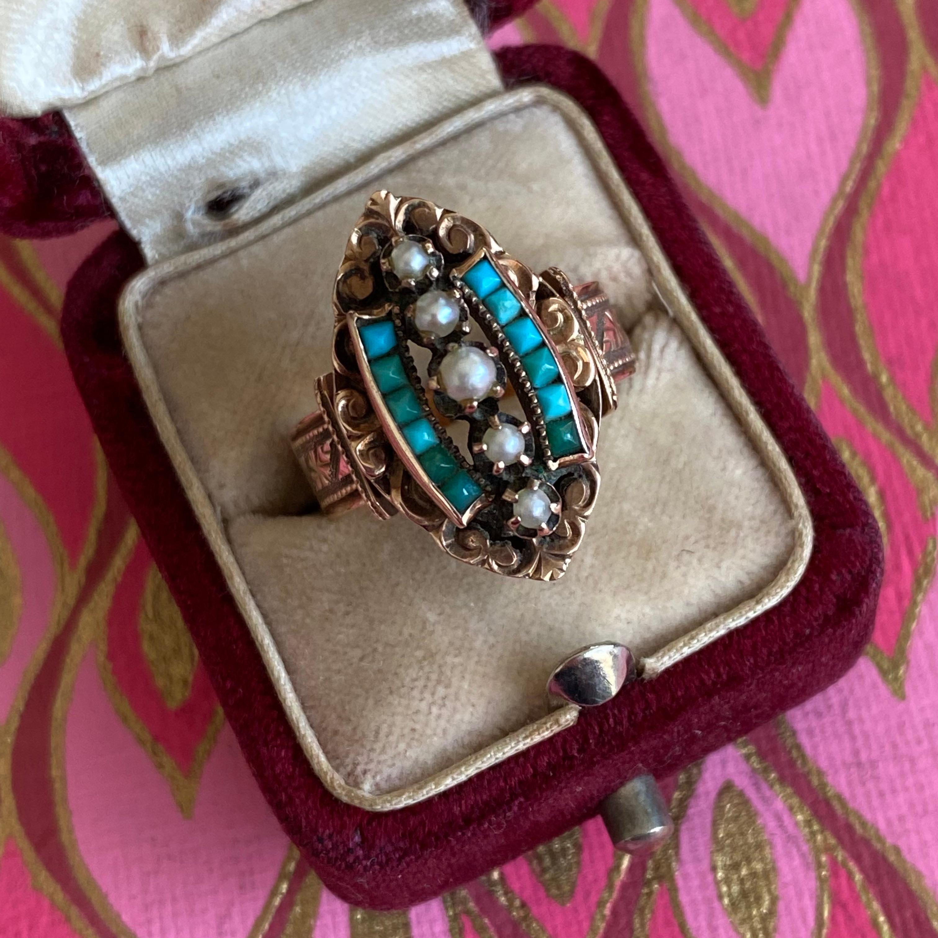 Victorian 14k Rose Gold Turquoise Pearl Ring, circa 1895 In Good Condition For Sale In Scotts Valley, CA