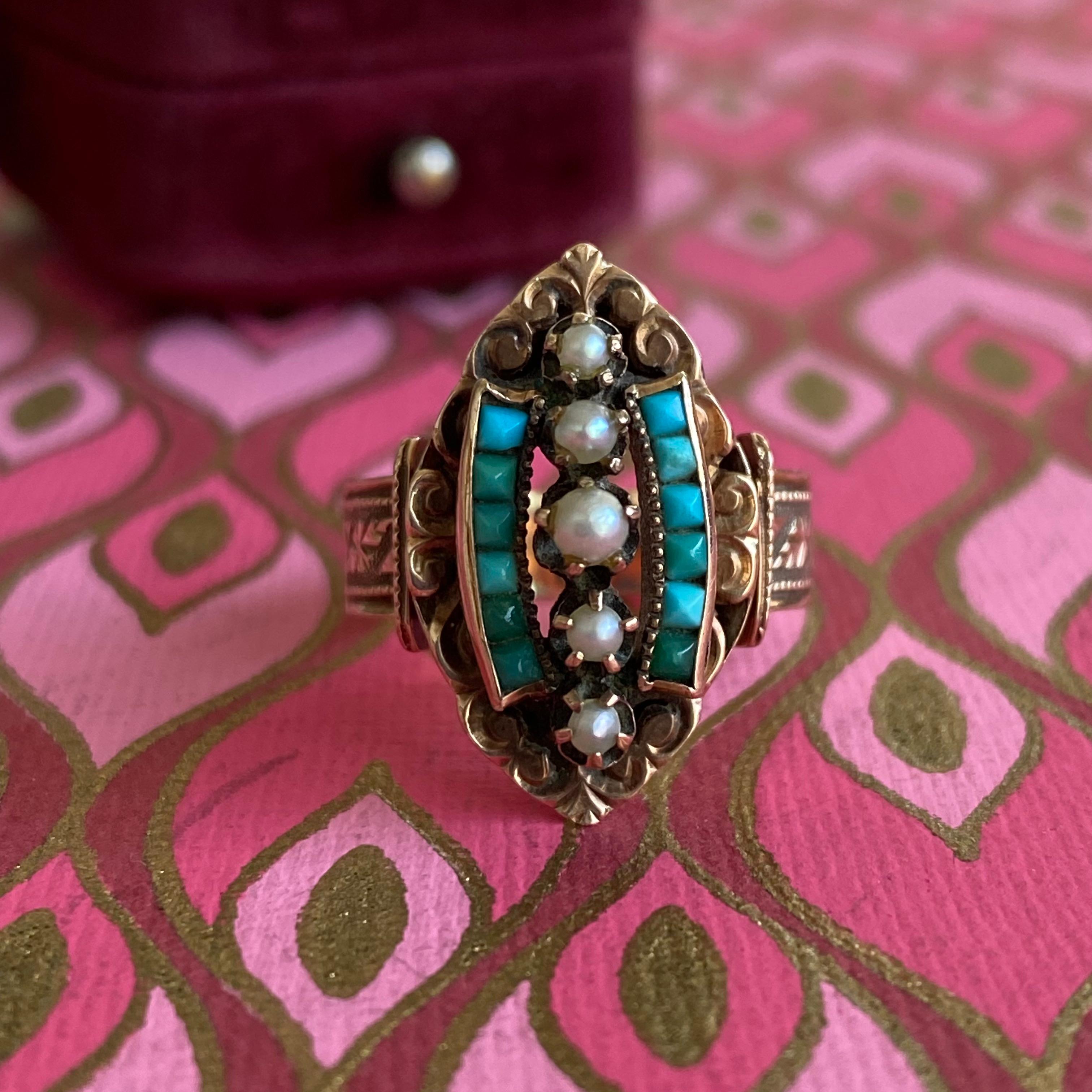 Women's Victorian 14k Rose Gold Turquoise Pearl Ring, circa 1895 For Sale
