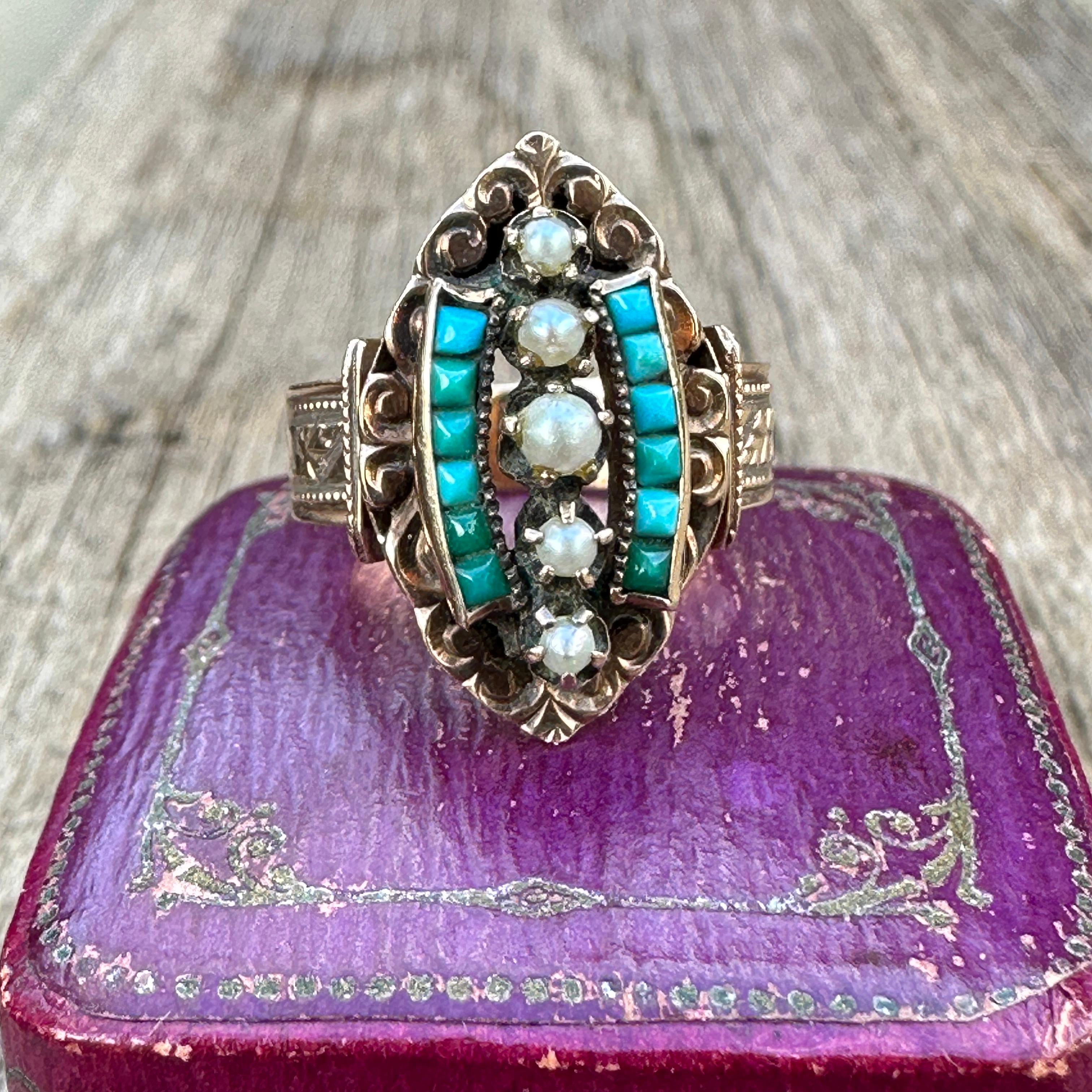 Victorian 14k Rose Gold Turquoise Pearl Ring, circa 1895 For Sale 1