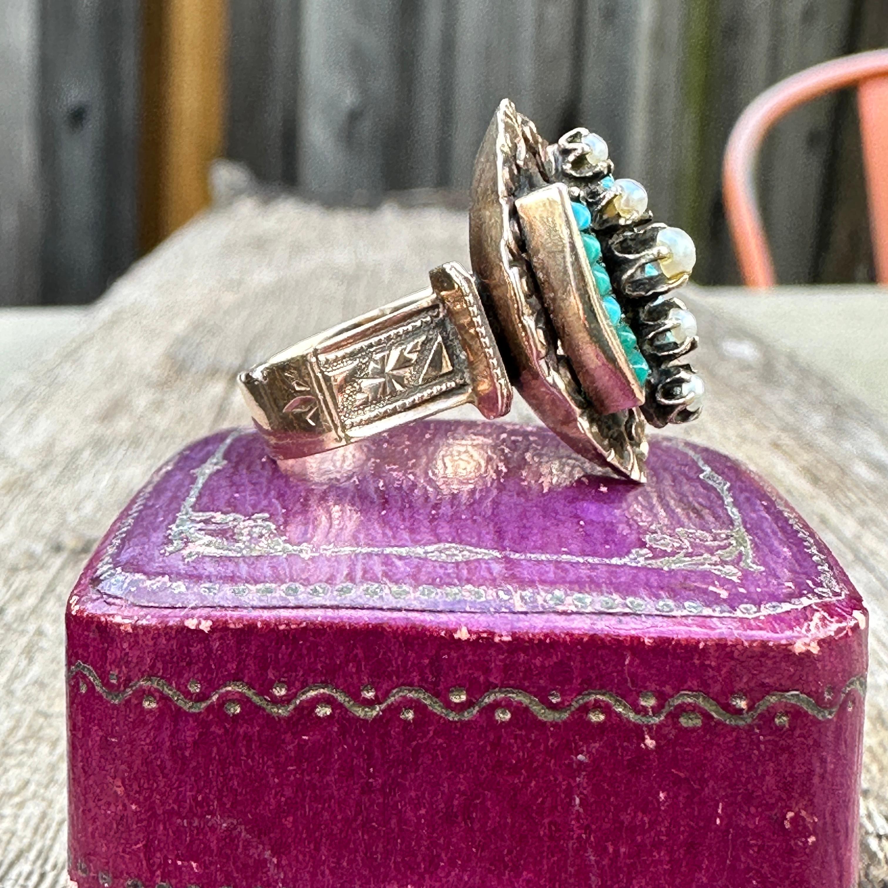 Victorian 14k Rose Gold Turquoise Pearl Ring, circa 1895 For Sale 2