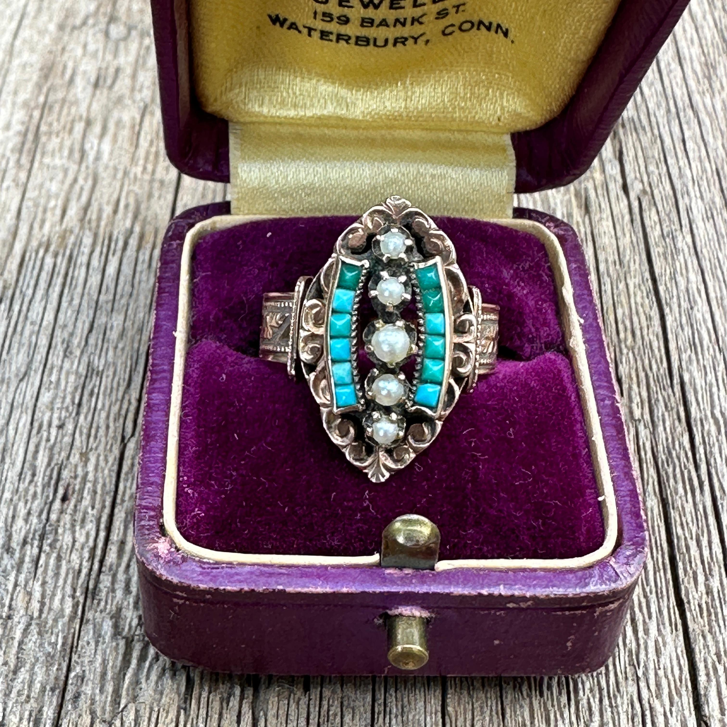 Victorian 14k Rose Gold Turquoise Pearl Ring, circa 1895 For Sale 3